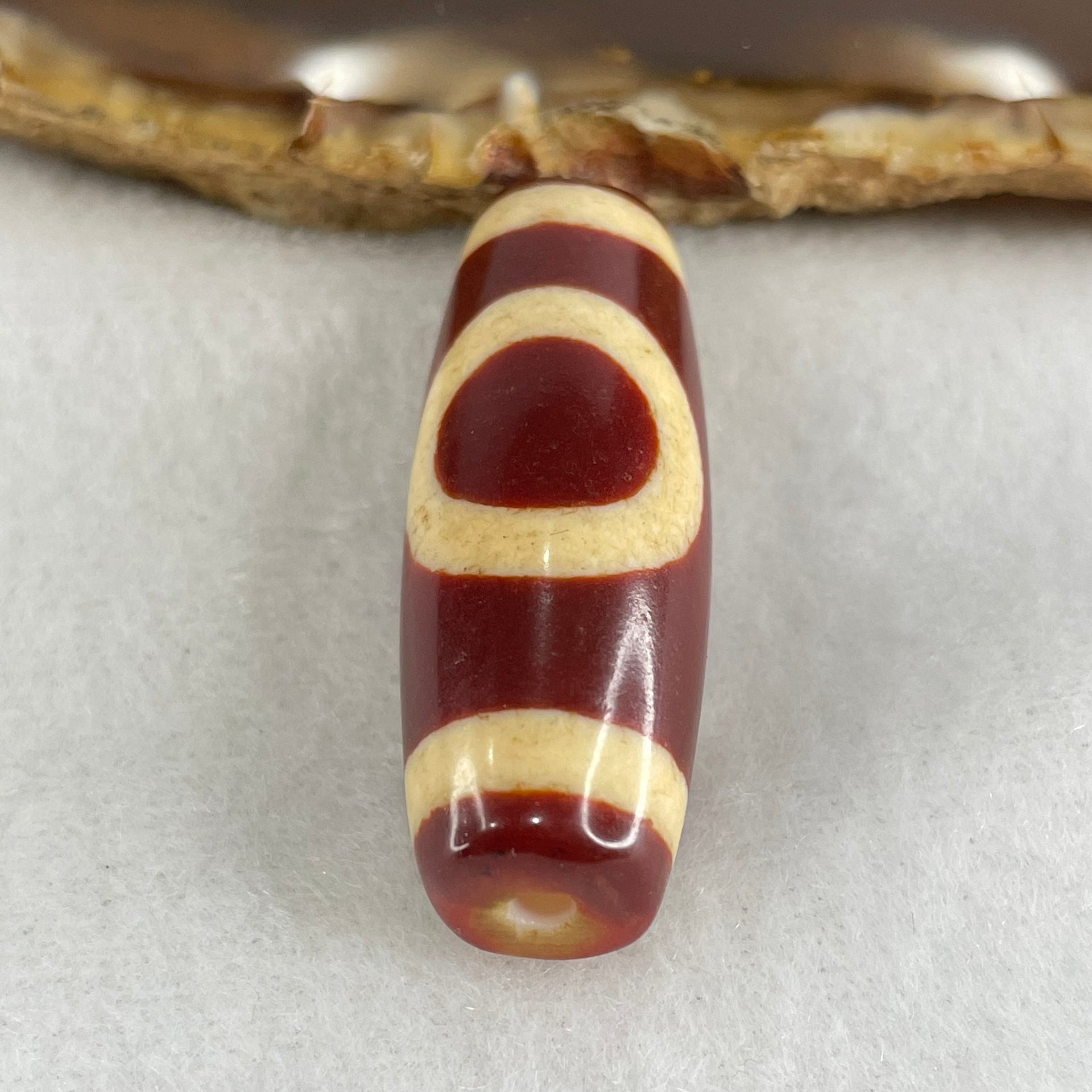 Natural Powerful Tibetan Old Oily Red White Agate One Eye Gold Metal Element Dzi Bead Heavenly Master (Tian Zhu) 一眼金天珠 10.96g 37.5 by 13.5mm - Huangs Jadeite and Jewelry Pte Ltd