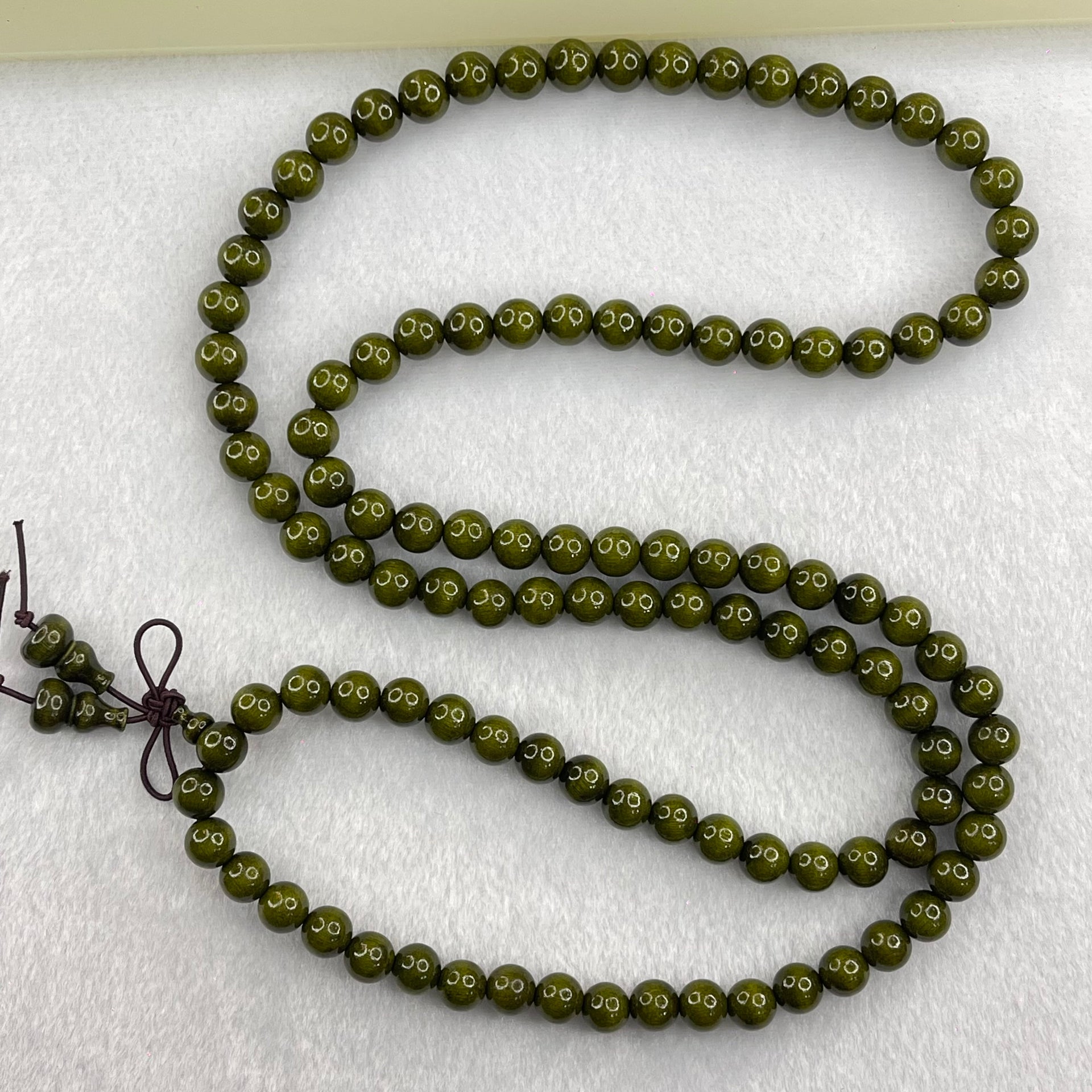 Green Wood Beads Necklace 18.08g 8.3mm 108 Beads - Huangs Jadeite and Jewelry Pte Ltd