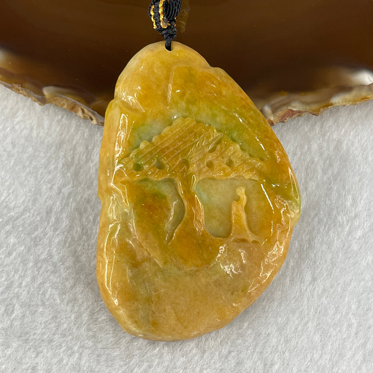 Natural Type A Yellow Jadeite Shan Shui Scenic with Gui Ren Benefactor 61.31g 66.1 by 45.1 by 11.9mm