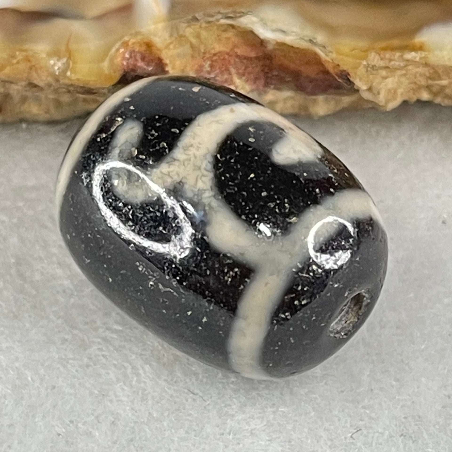 Natural Powerful Tibetan Old Oily Black White Agate Green Tara Dzi Bead Heavenly Master (Tian Zhu) 绿度母天珠 4.70g 17.3 by 13.2mm - Huangs Jadeite and Jewelry Pte Ltd