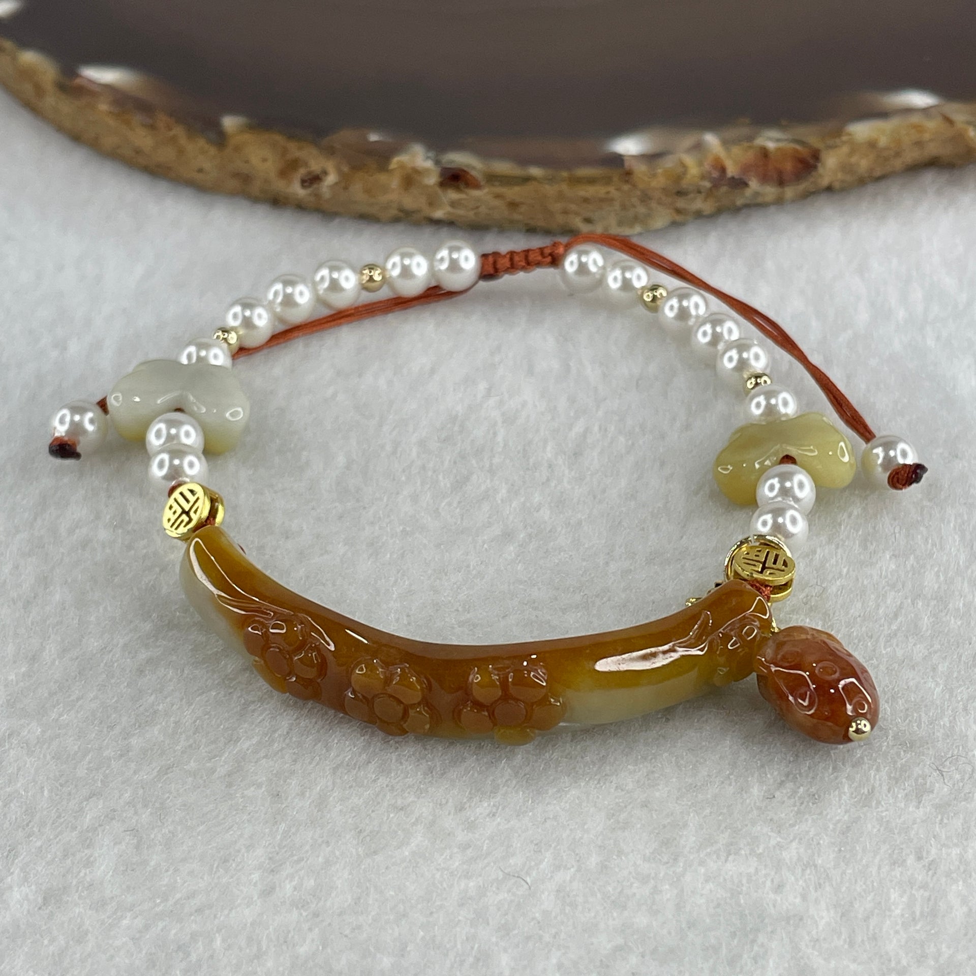 Natural Type A Brownish with Green Jadeite Flowers with Strawberry and Butterfly Charms Bracelet 14.88g 16cm 8.3 by 6.2mm - Huangs Jadeite and Jewelry Pte Ltd