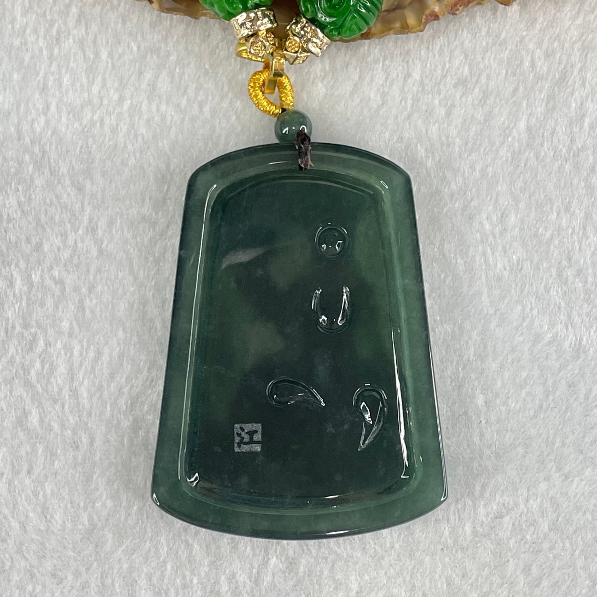 Grand Master Type A Icy Dark Blueish Green Samantabhadra Bodhisattva Guan Yin on Elephant and Flower Pendant 61.87g 57 by 41.6 by 5.6mm - Huangs Jadeite and Jewelry Pte Ltd