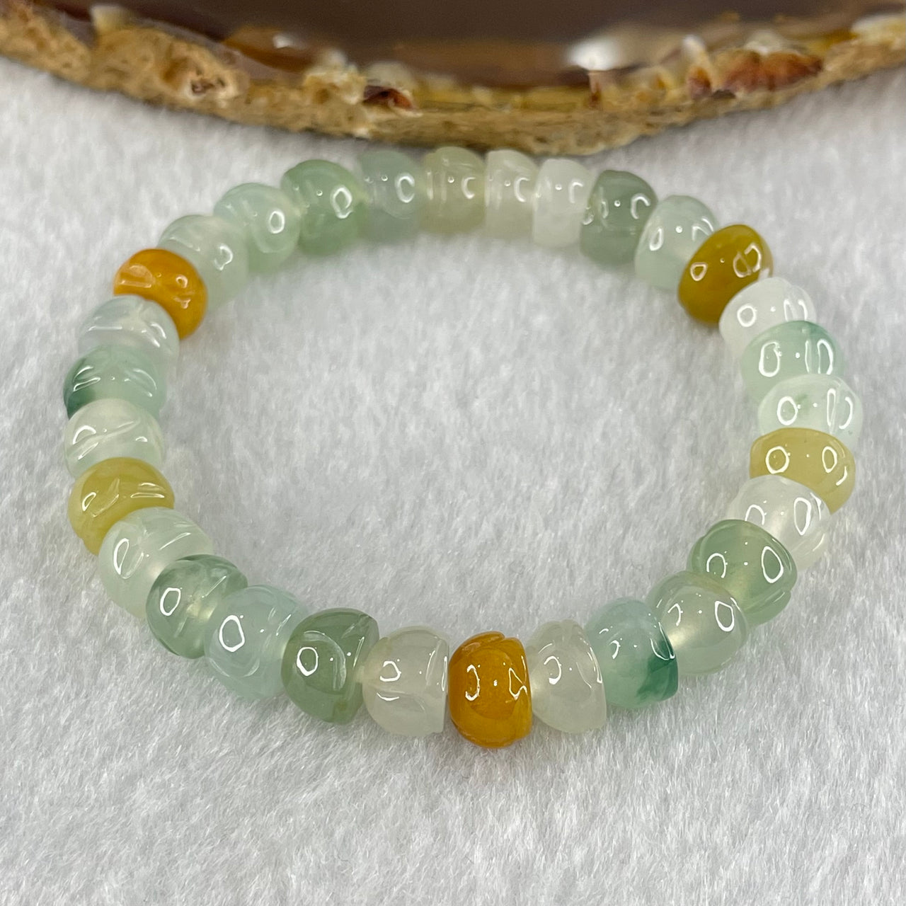 Type A Muti Color (Blueish Green, Green, White and Yellow) Jadeite Lotus Flower Beads Bracelet 19.18g 13cm 8.1 by 5.5cm 30 beads - Huangs Jadeite and Jewelry Pte Ltd