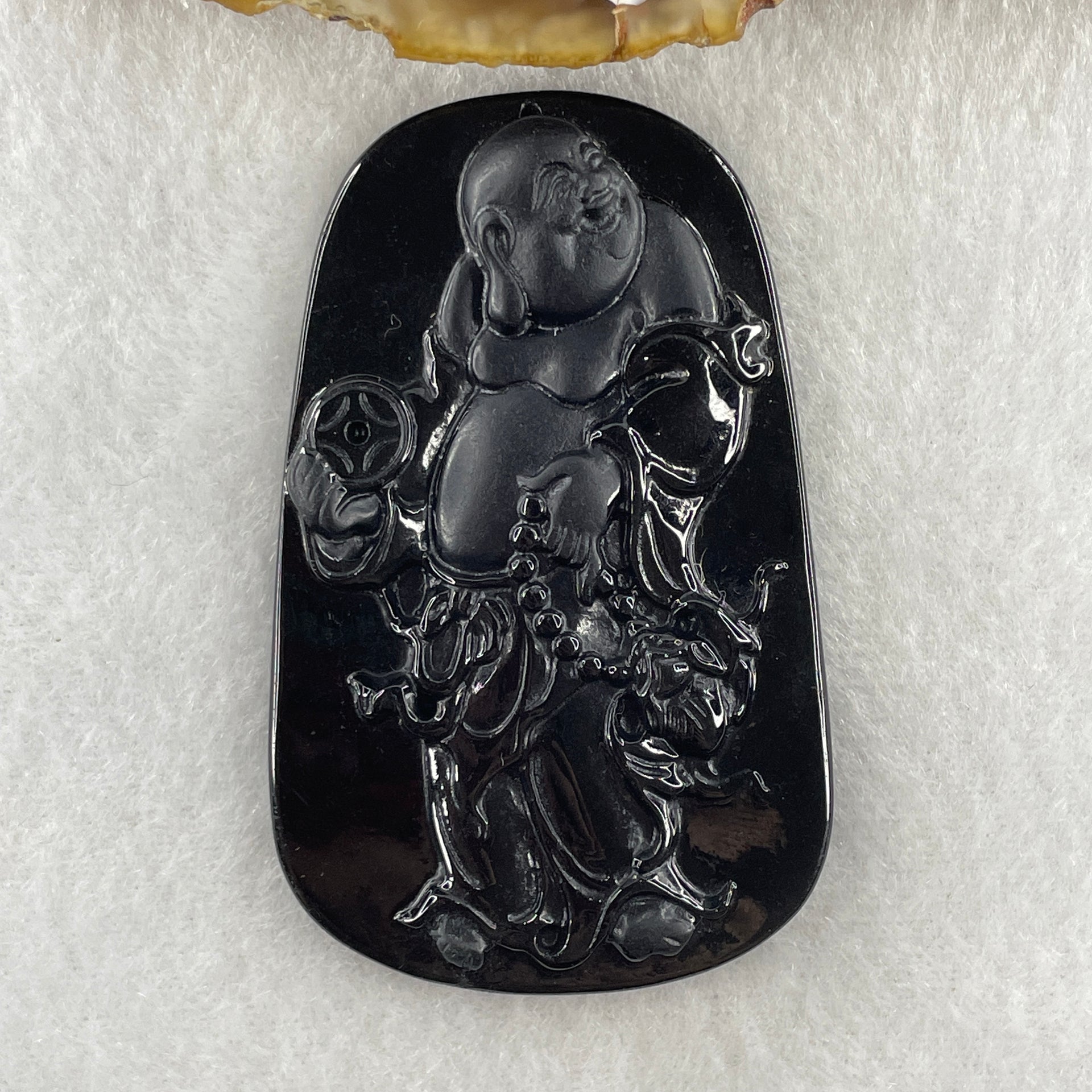 Type A Opaque to Partial Translucent Black Omphacite Jadeite Milo Laughing Buddha Pendant 22.86g 64.6 by 40.5 by 8.7mm - Huangs Jadeite and Jewelry Pte Ltd