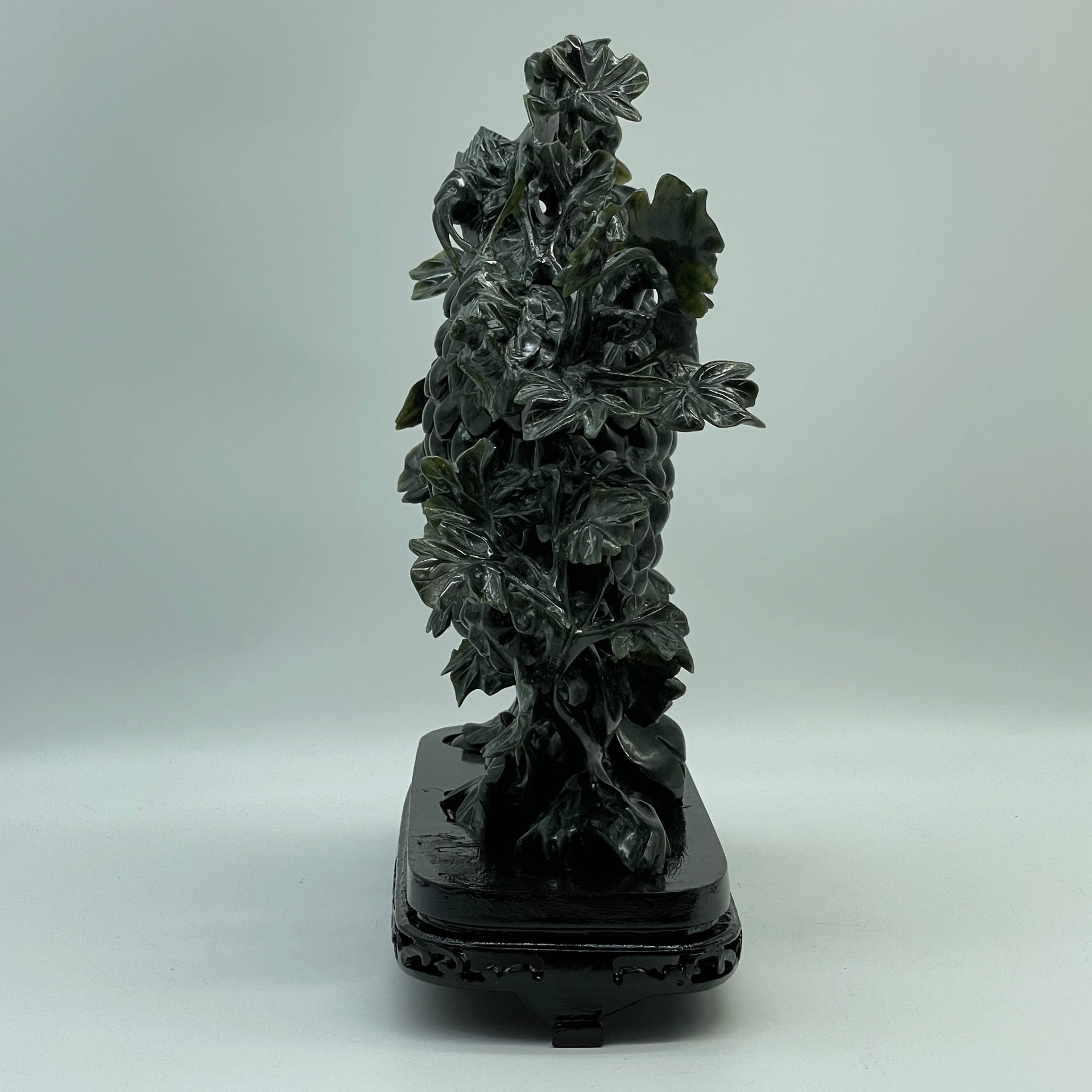 Natural Dark Green Nephrite Cricket Pair on Grapes Plant with Wooden Display 2,429.6g 241.0 by 100.0 by 260.0mm - Huangs Jadeite and Jewelry Pte Ltd