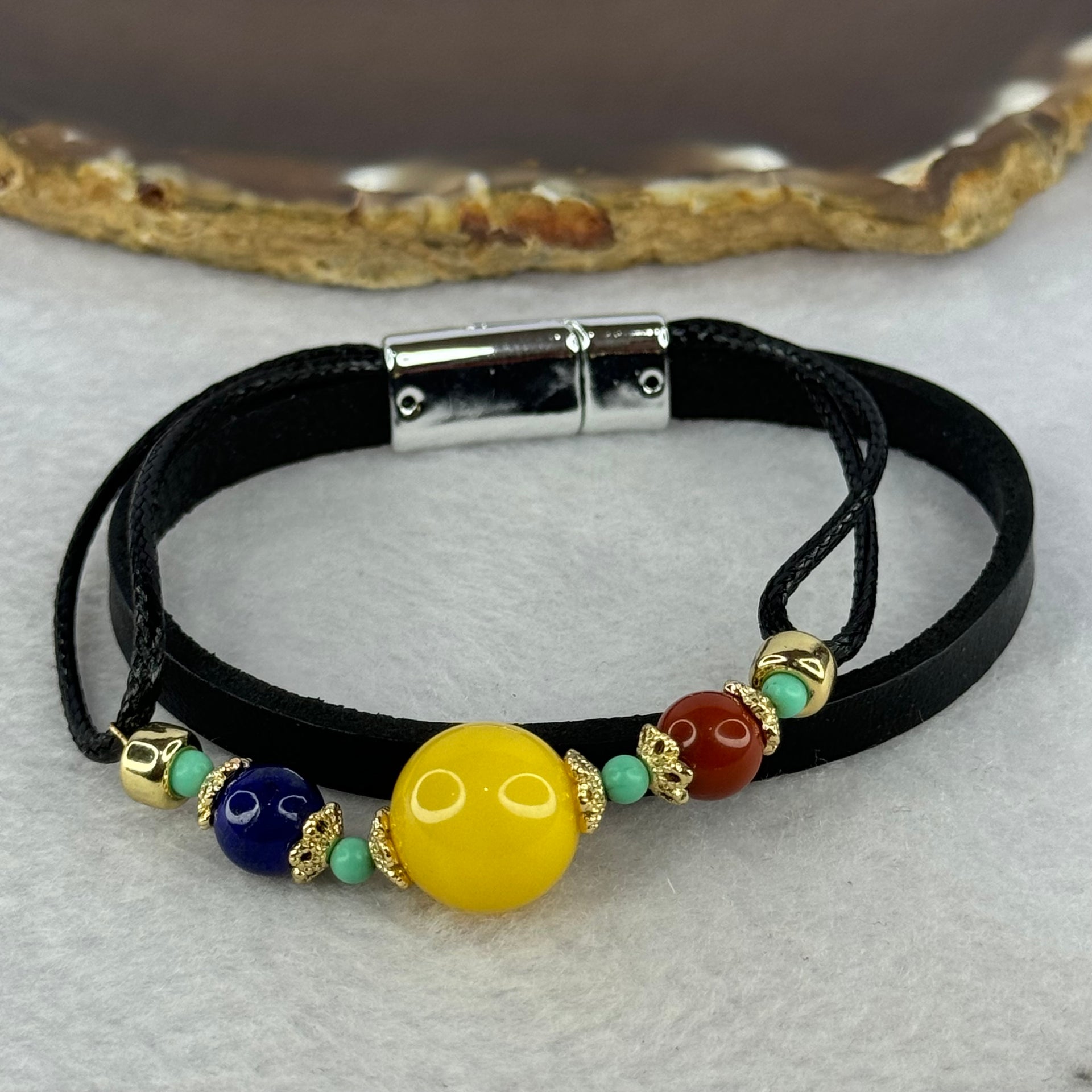 Natural Butterscotch Amber with Red Cinnabar, Lapis Lazuli and Turquoise Beads Leather Bracelet 11.92g 15cm 13.0mm - Huangs Jadeite and Jewelry Pte Ltd