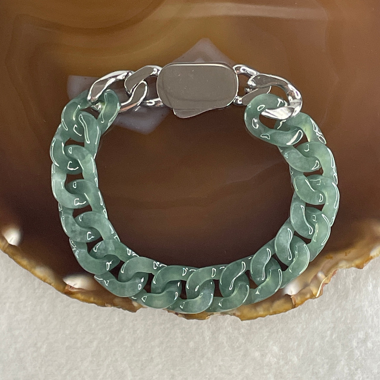 Certified Natural Type A Semi Icy Blueish Green Jadeite Cuban Tennis Bracelet with Metal Clap 29.22g 18cm 12.8 by 17.3 by 4.1mm 16 Pcs