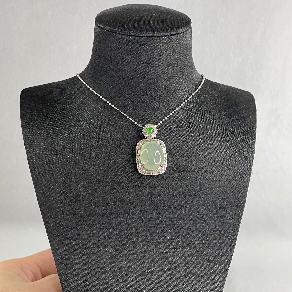 Natural Type A Semi Icy Light Green Jadeite Cabochon Necklace in S925 Silver | (5.80g | 44cm S925 | 13.8 x 11.0 x 5.5mm | Elegance & Abundance Anchor, Feng Shui Prosperity & Executive Charm Necklace) - Huangs Jadeite and Jewelry Pte Ltd