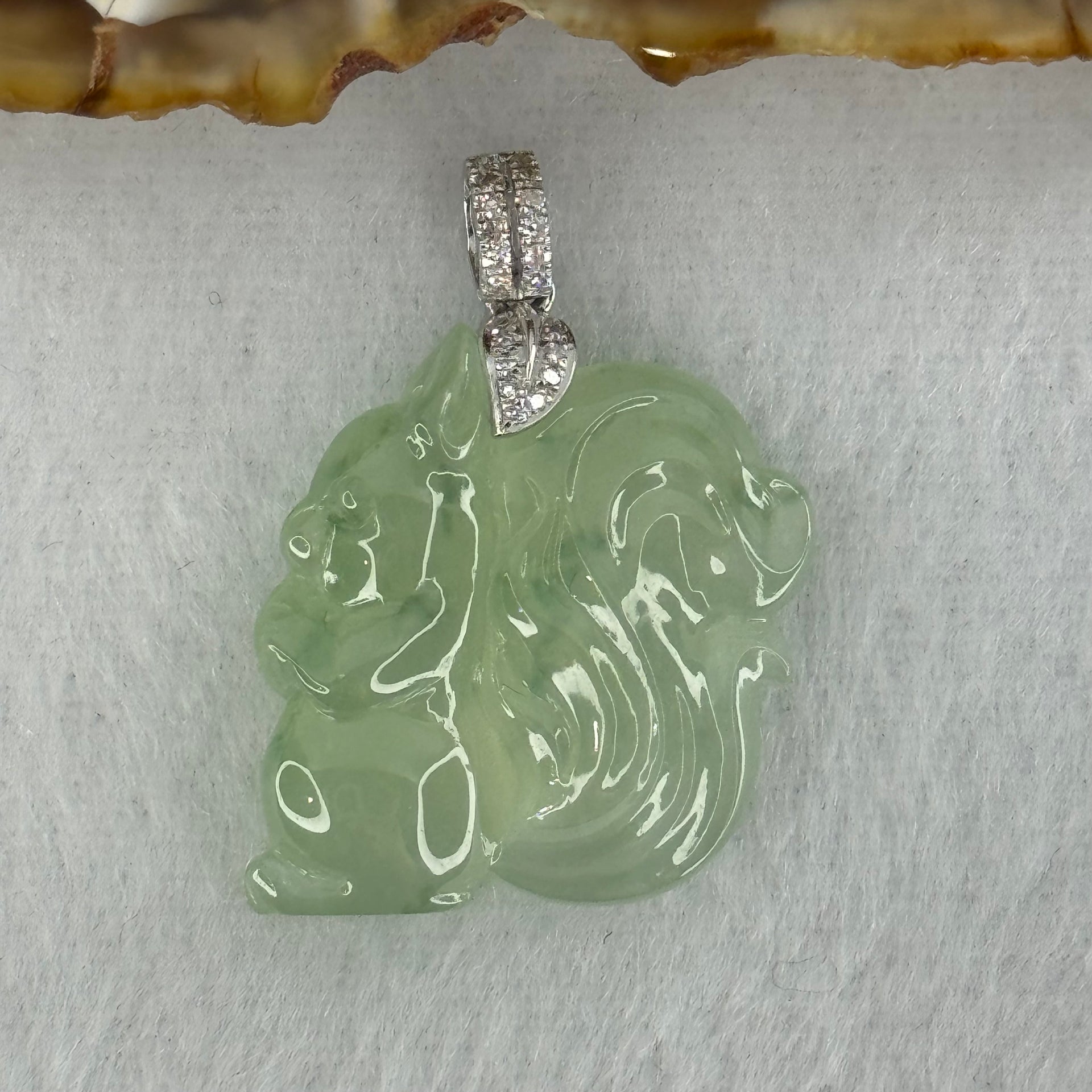 18K White Gold Type A Light Green Jadeite Squirrel Pendant with Natural Diamonds 5.68g 21.0 by 21.4 by 6.8mm - Huangs Jadeite and Jewelry Pte Ltd