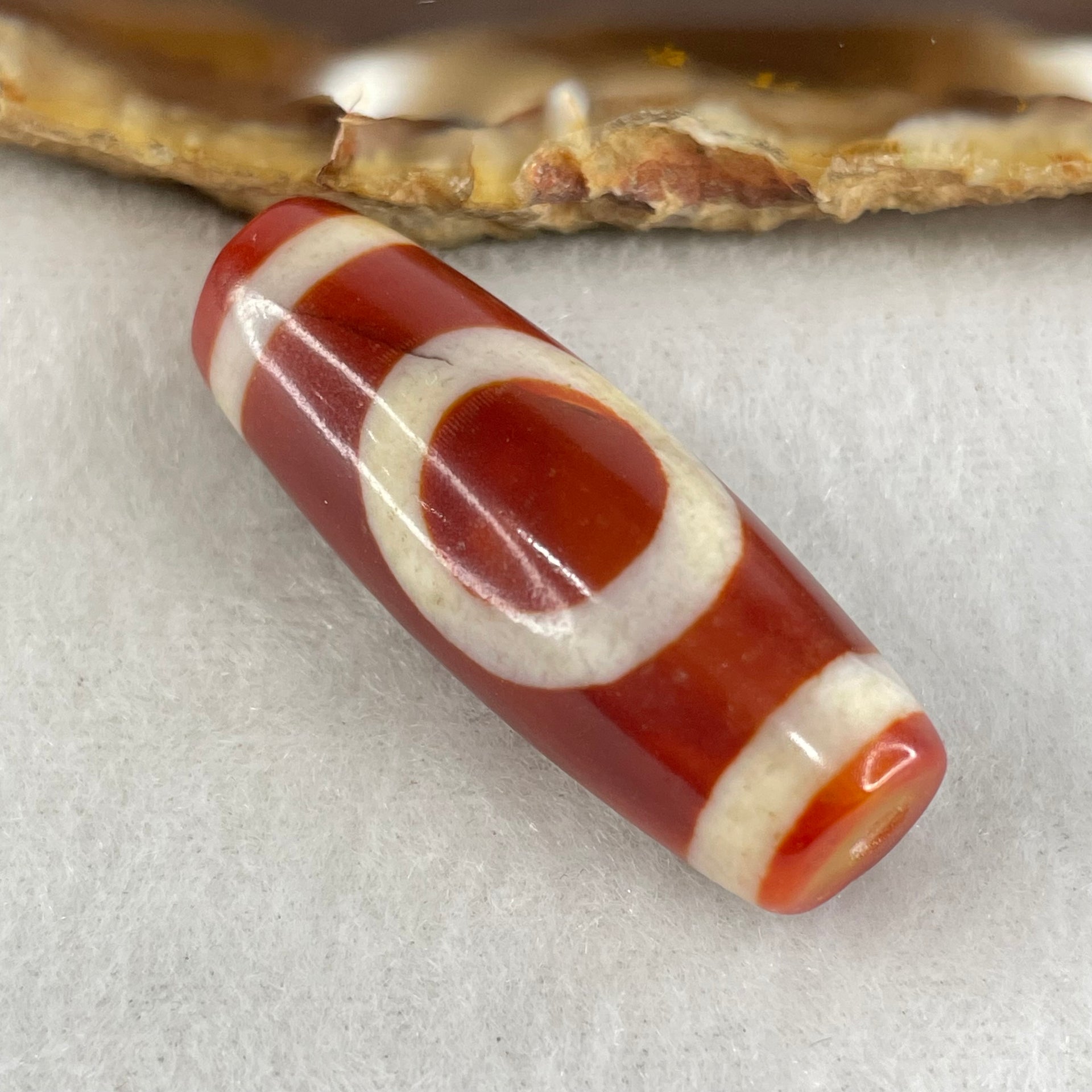 Natural Powerful Tibetan Old Oily Red White Agate One Eye Gold Metal Element Dzi Bead Heavenly Master (Tian Zhu) 一眼金天珠 10.95g 37.5 by 13.6mm - Huangs Jadeite and Jewelry Pte Ltd