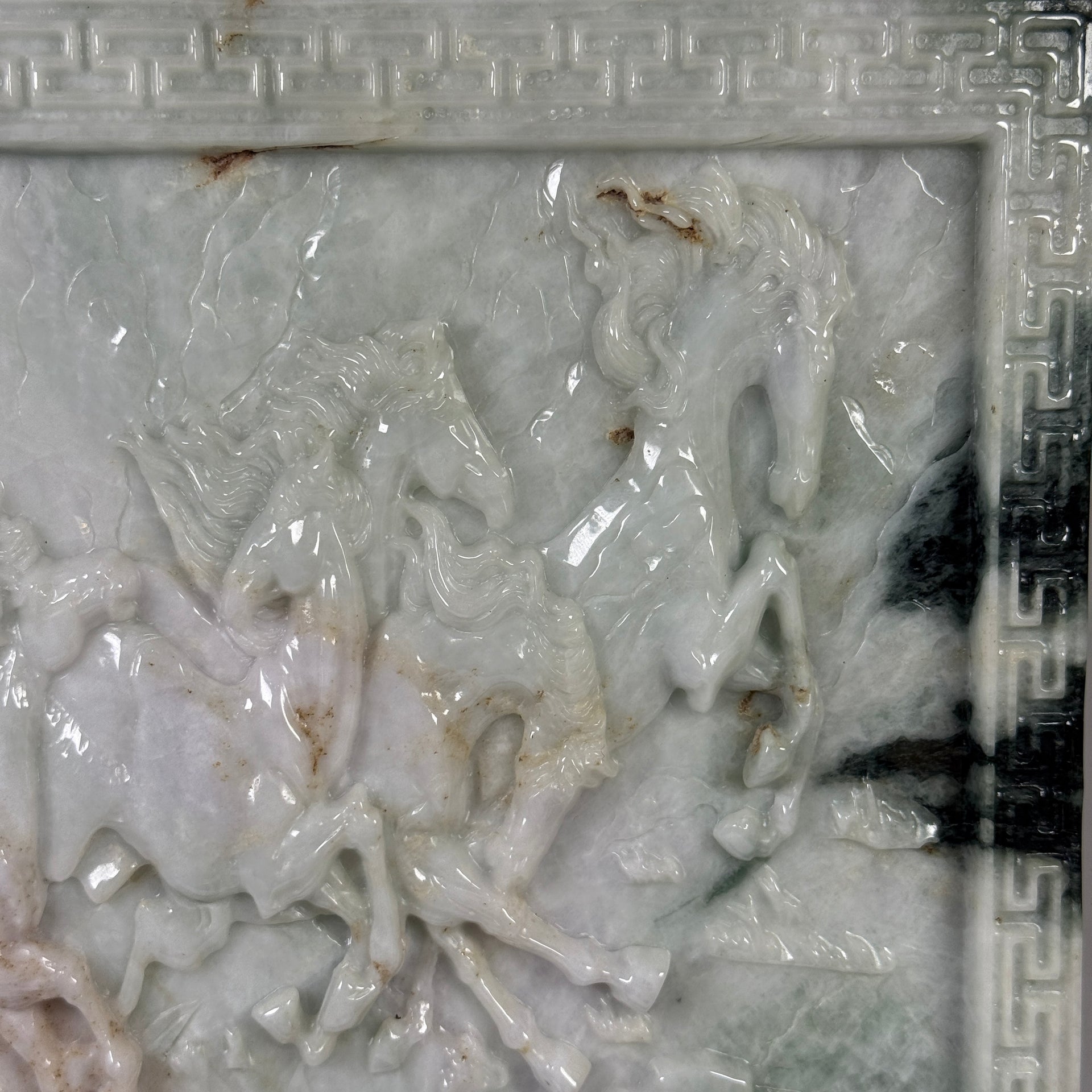 Natural Type A Light Green Light Lavender with Dark Green Patches Jadeite 8 Prosperity Horses with Wooden Stand Display 9,352.7g 275.0 by 100.0 by 360.0mm - Huangs Jadeite and Jewelry Pte Ltd