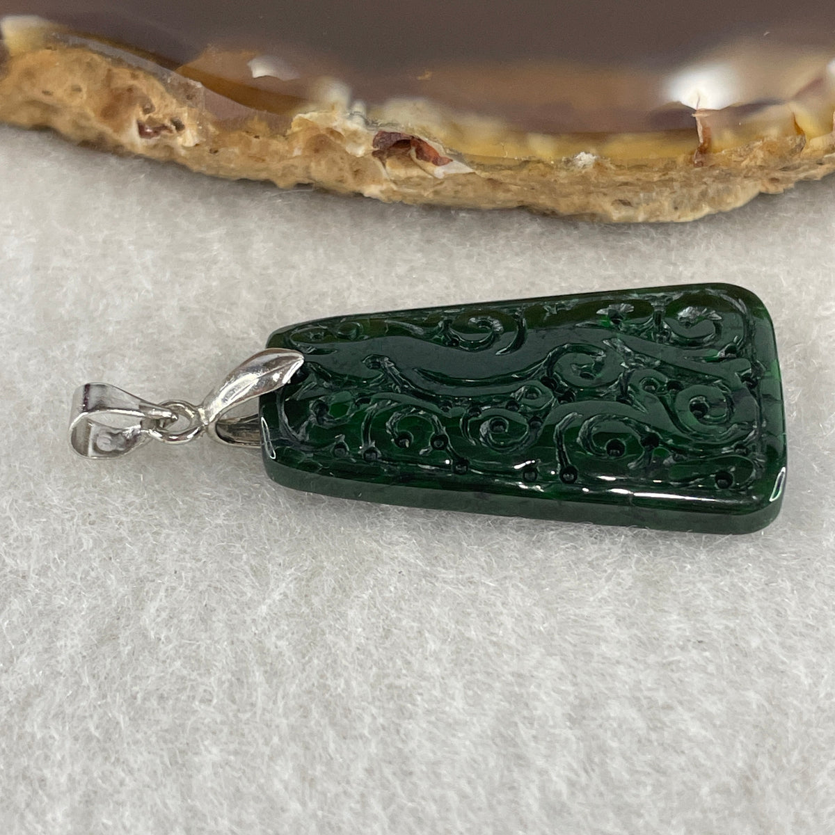 Natural Type A Old Mine Full Green Jadeite Wu Shi Pai Flower Carving Pendant | Peace Plaque & Floral Talisman (5.19g | 30.2 x 17.6 x 3.8mm) - Huangs Jadeite and Jewelry Pte Ltd