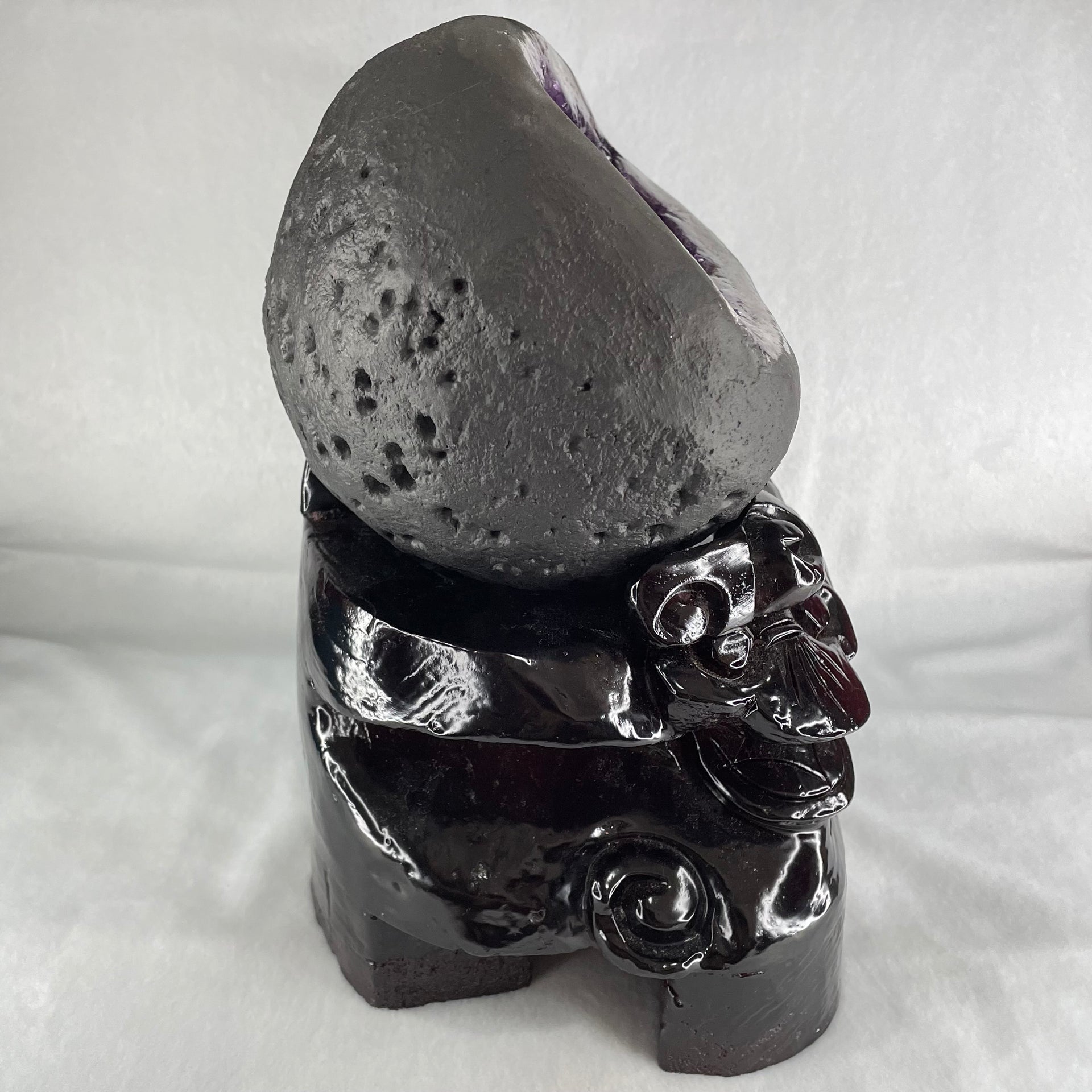 Natural Deep Intense Purple Amethyst Cave with Wooden Stand 5,981.0g 225.0 by 160.0 by 260.0mm - Huangs Jadeite and Jewelry Pte Ltd