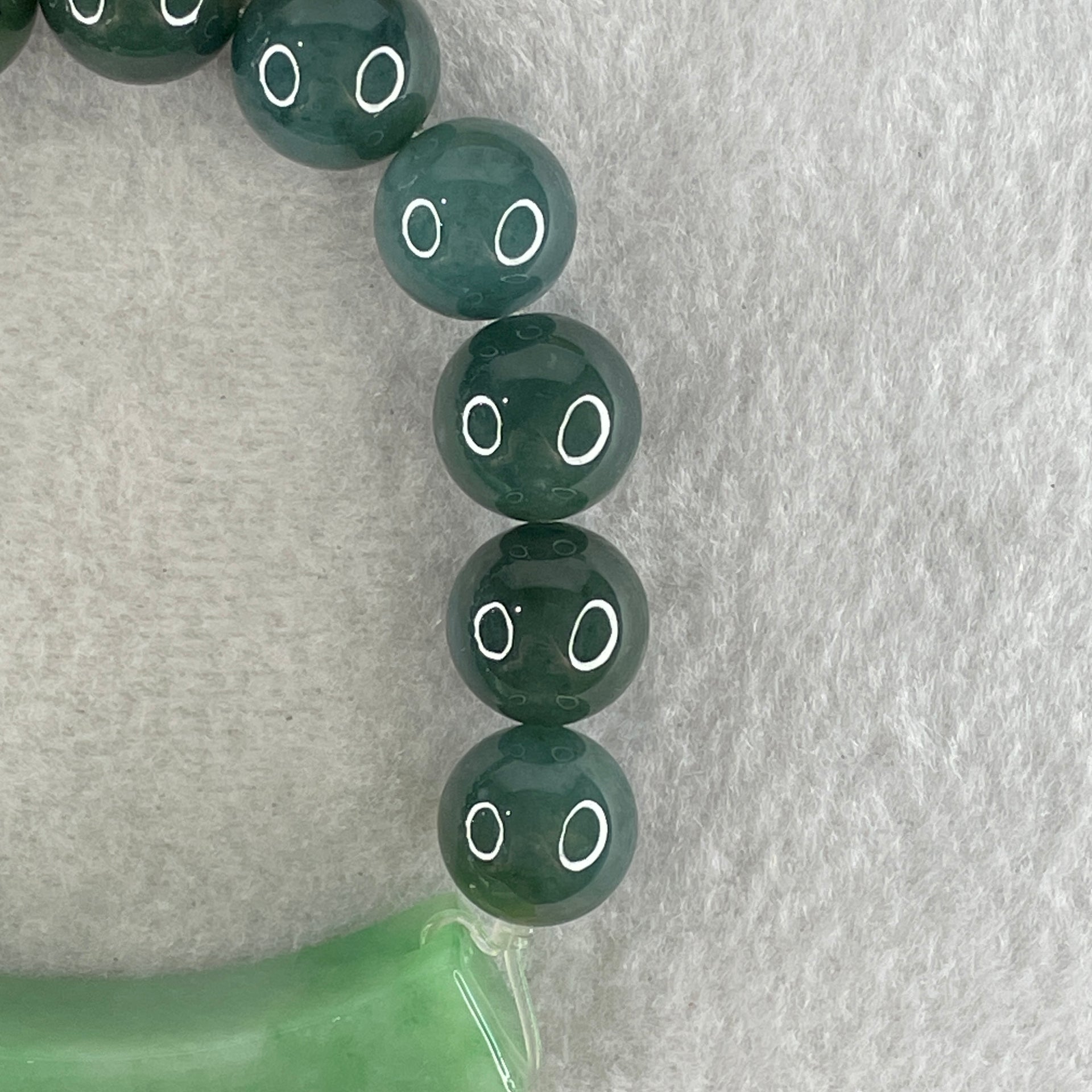 Type A Burmese Old Mine Blueish Green Jadeite Beads with Green Jadeite Twin Koi Fish and Flower Bracelet 60.96g 12.8mm 12 Beads 51.5 by 10.4 by 14.4mm - Huangs Jadeite and Jewelry Pte Ltd