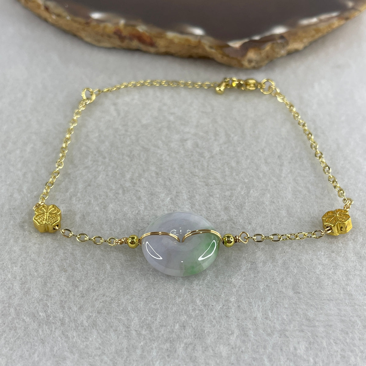 Natural Type A Lavender & Green Jadeite Ping An Kou Gold Accent Bracelet | Peace Disc Adjustable Bracelet (6.55g | 13–21cm | 17.2 x 5.5mm) - Huangs Jadeite and Jewelry Pte Ltd