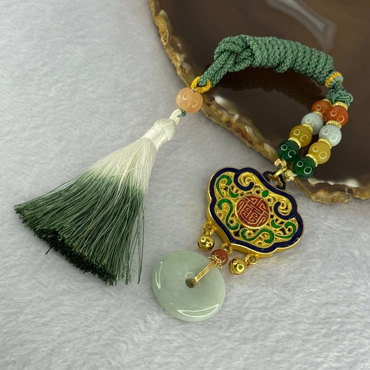 Type A Light Green Jadeite Ping An Kou Donut 25.7 by 5.7mm with Crystals Necklace 37.89g - Huangs Jadeite and Jewelry Pte Ltd