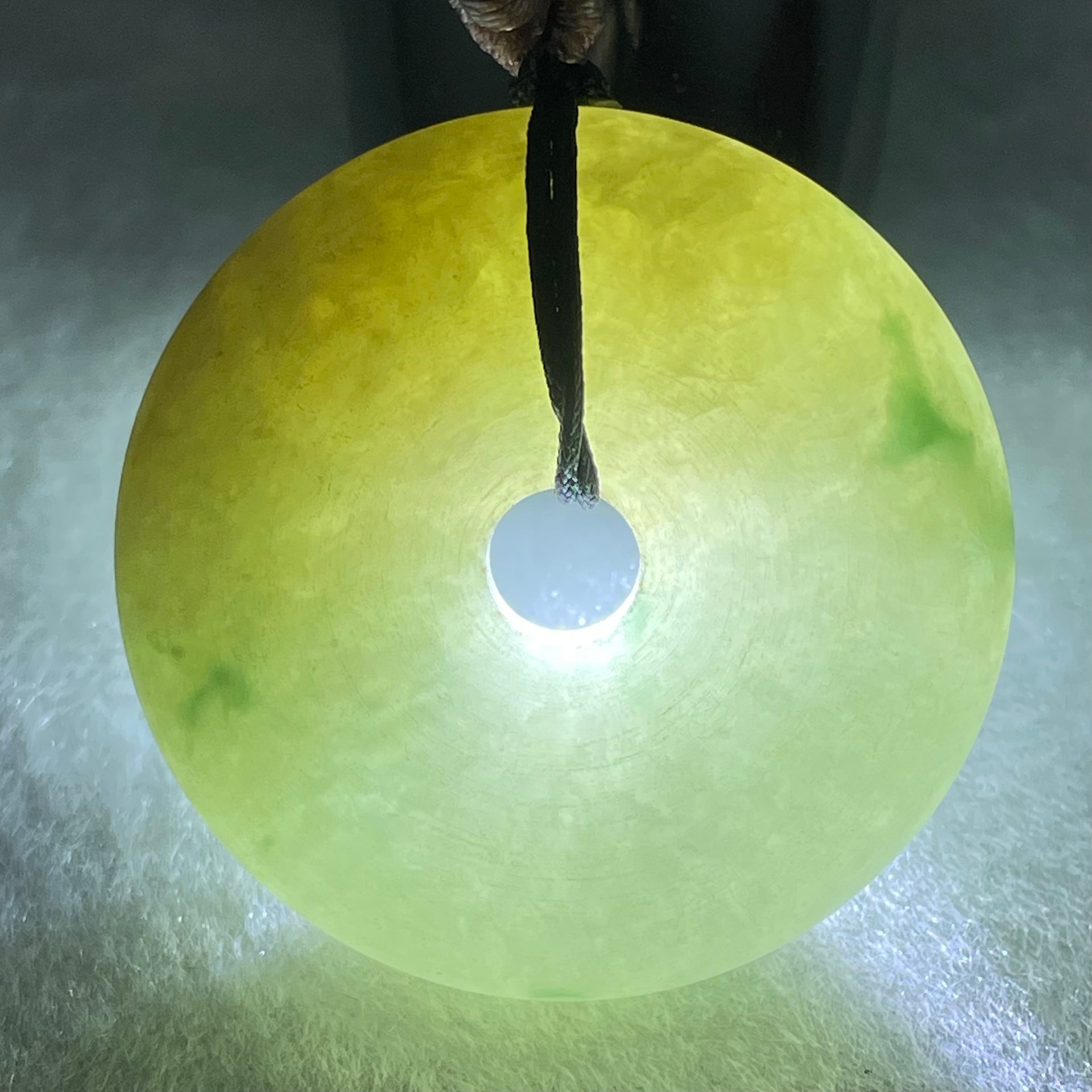 Type A Green with Blueish Green and Yellow Piao Hua Jadeite Ping An Kou Donut Pendent 27.08g 35.3 by 10.2mm - Huangs Jadeite and Jewelry Pte Ltd