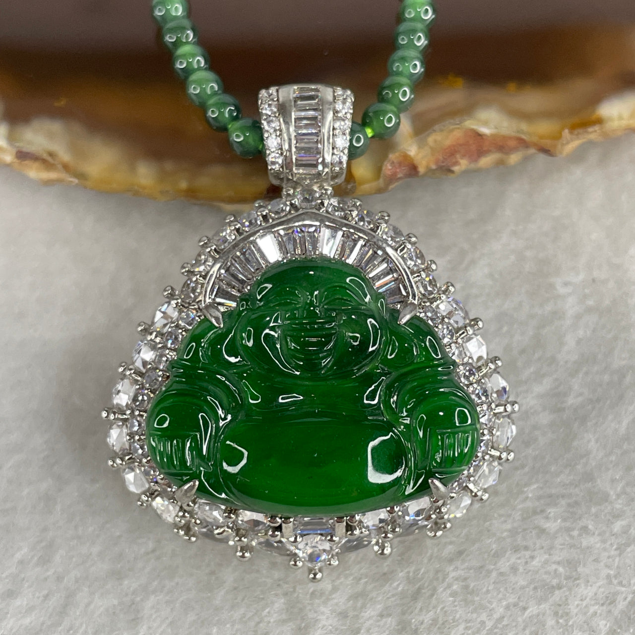 Certified Natural Type A Icy Deep Green Omphacite Jadeite Milo Buddha Pendant Necklace | Solid S925 Sterling Silver | 17.6x22.4x4.2mm "Imperial Ink" Translucent Laughing Buddha Amulet (20.34g)