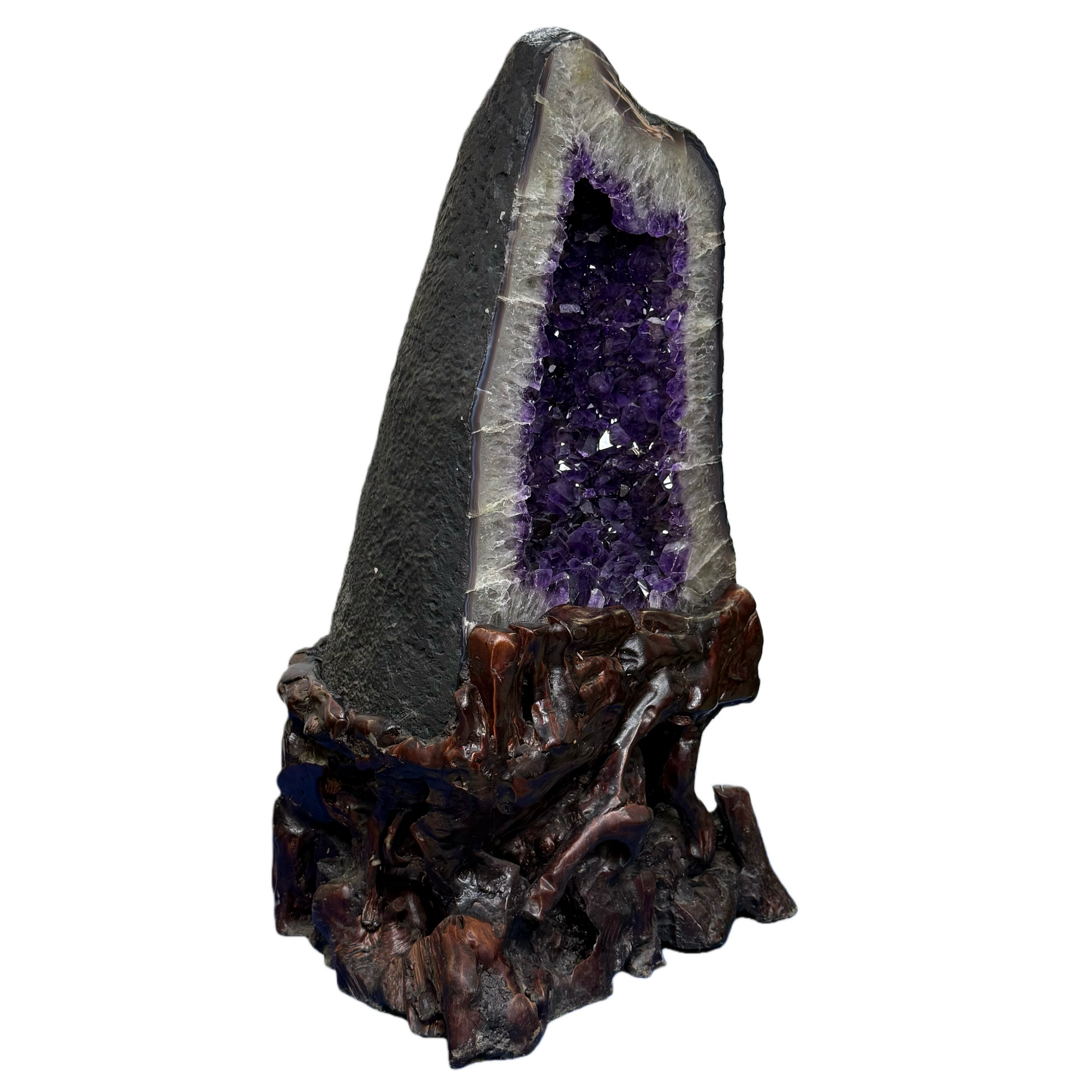 Natural Amethyst Rectangular Shape Cave (31,526.0g) with Wooden Stand Display Total Weight 38,526.0g 420.0 by 315.0 by 610.0mm - Huangs Jadeite and Jewelry Pte Ltd