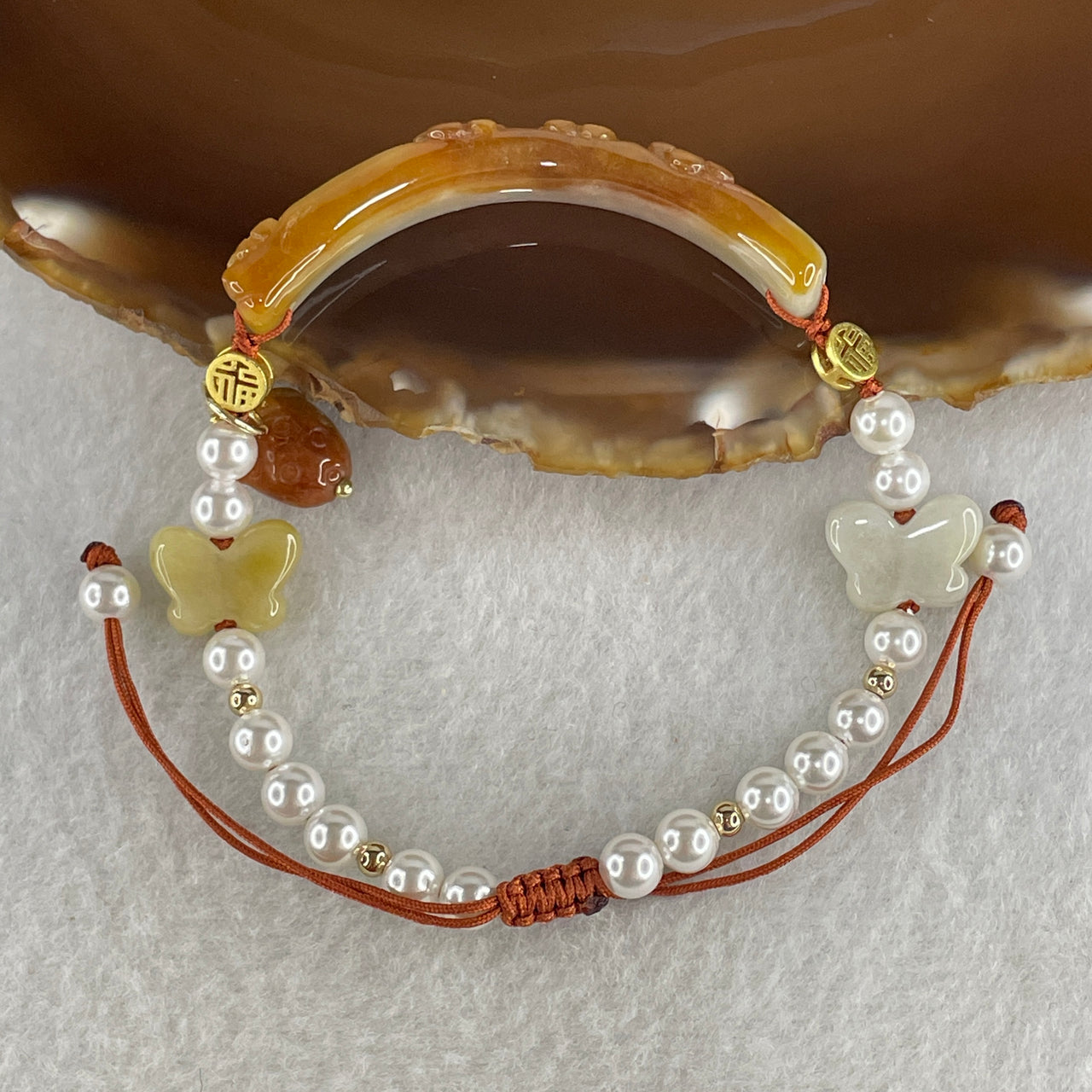 Natural Type A Brownish with Green Jadeite Flowers with Strawberry and Butterfly Charms Bracelet 14.88g 16cm 8.3 by 6.2mm