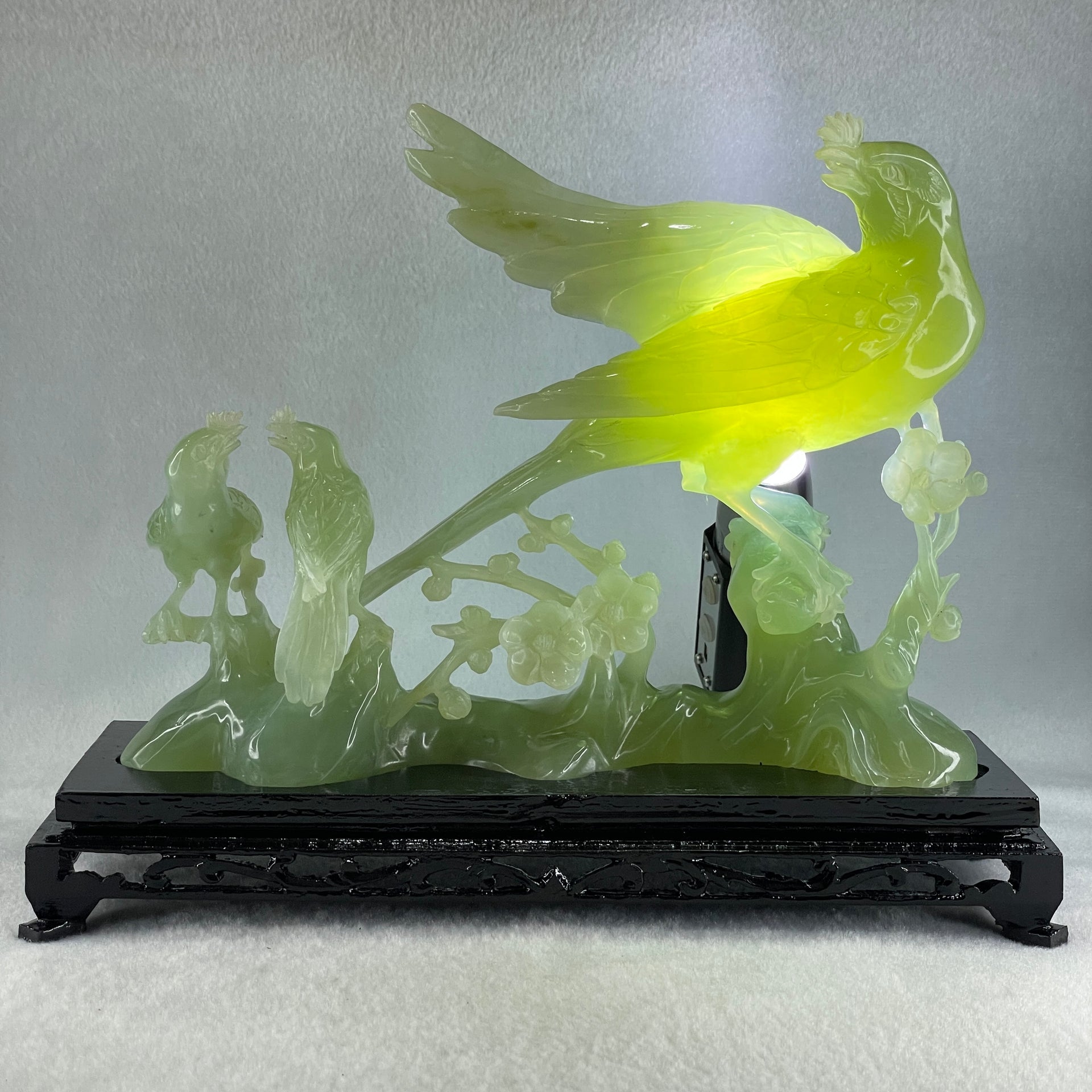 Natural Green Serpentine Phoenix with Twin Birds on Tree with Wooden Stand Display 1,158.3g L257.0 by B98.0 by H203.0mm - Huangs Jadeite and Jewelry Pte Ltd