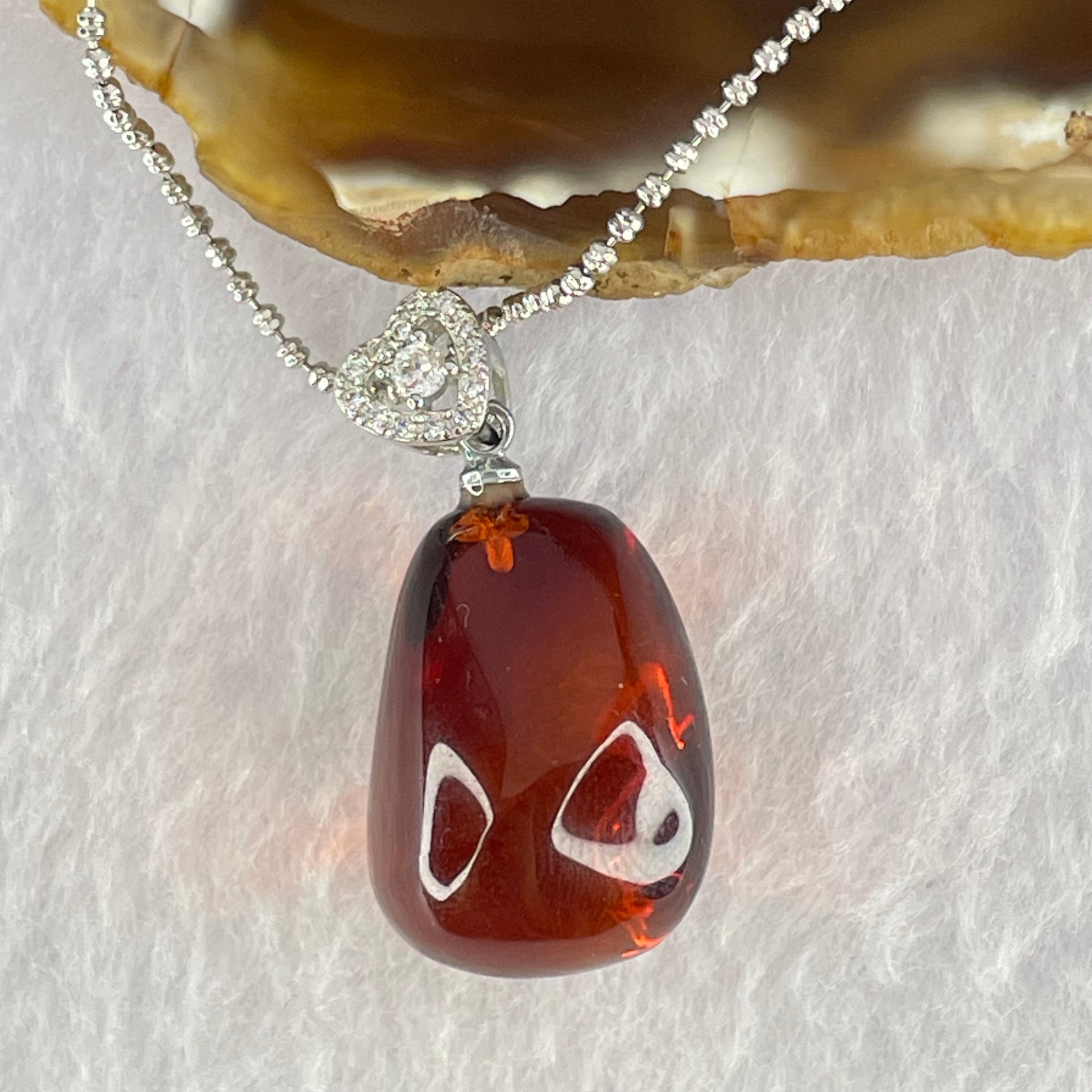 Natural Blood Red Amber Pendant in S925 Sliver Necklace 6.22g 21.6 by 15.6 by 14.9mm - Huangs Jadeite and Jewelry Pte Ltd