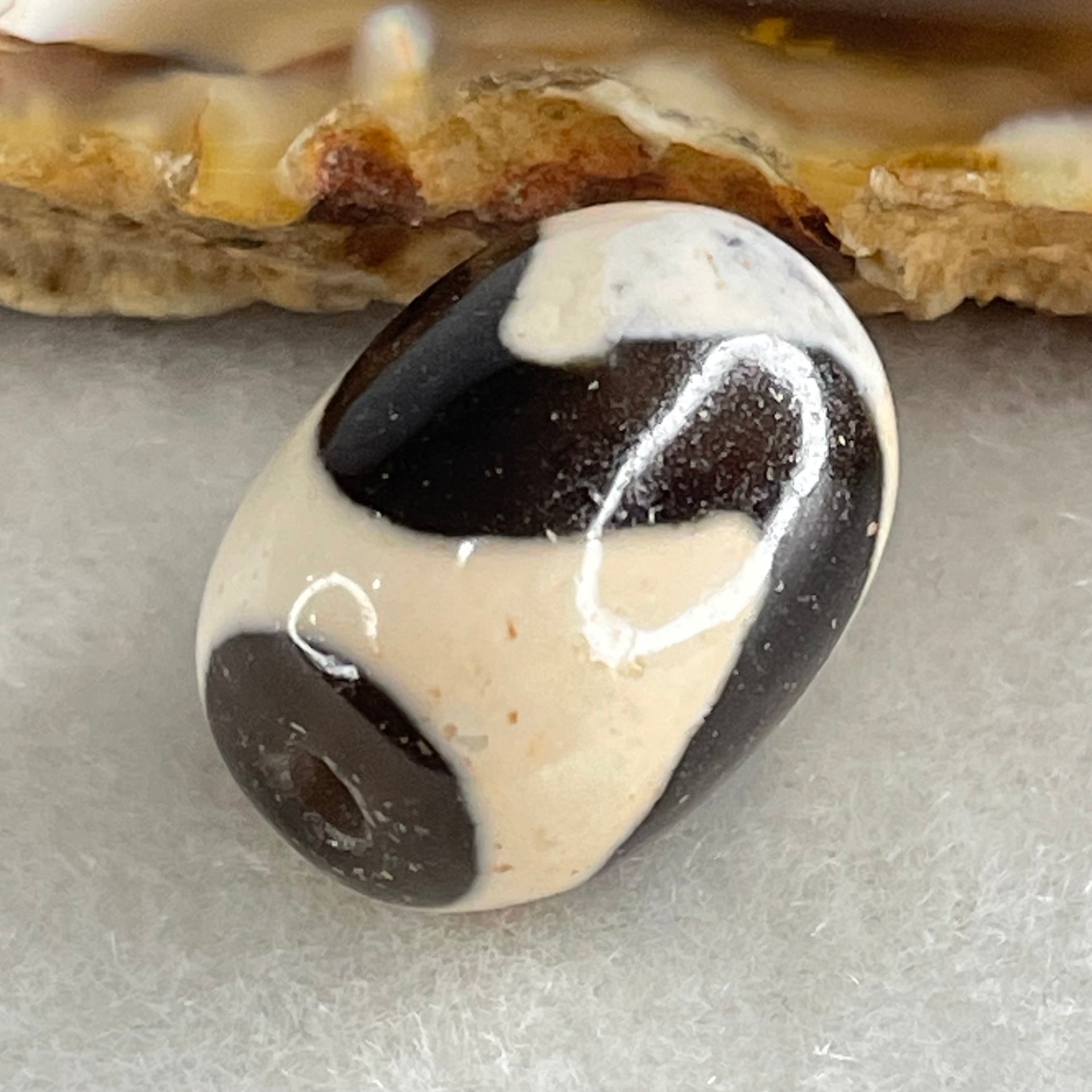 Natural Powerful Tibetan Old Oily Agate Tiger Tooth Daluo Dzi Bead Heavenly Master (Tian Zhu) 虎呀天诛 4.70g 17.7 by 13.2mm - Huangs Jadeite and Jewelry Pte Ltd