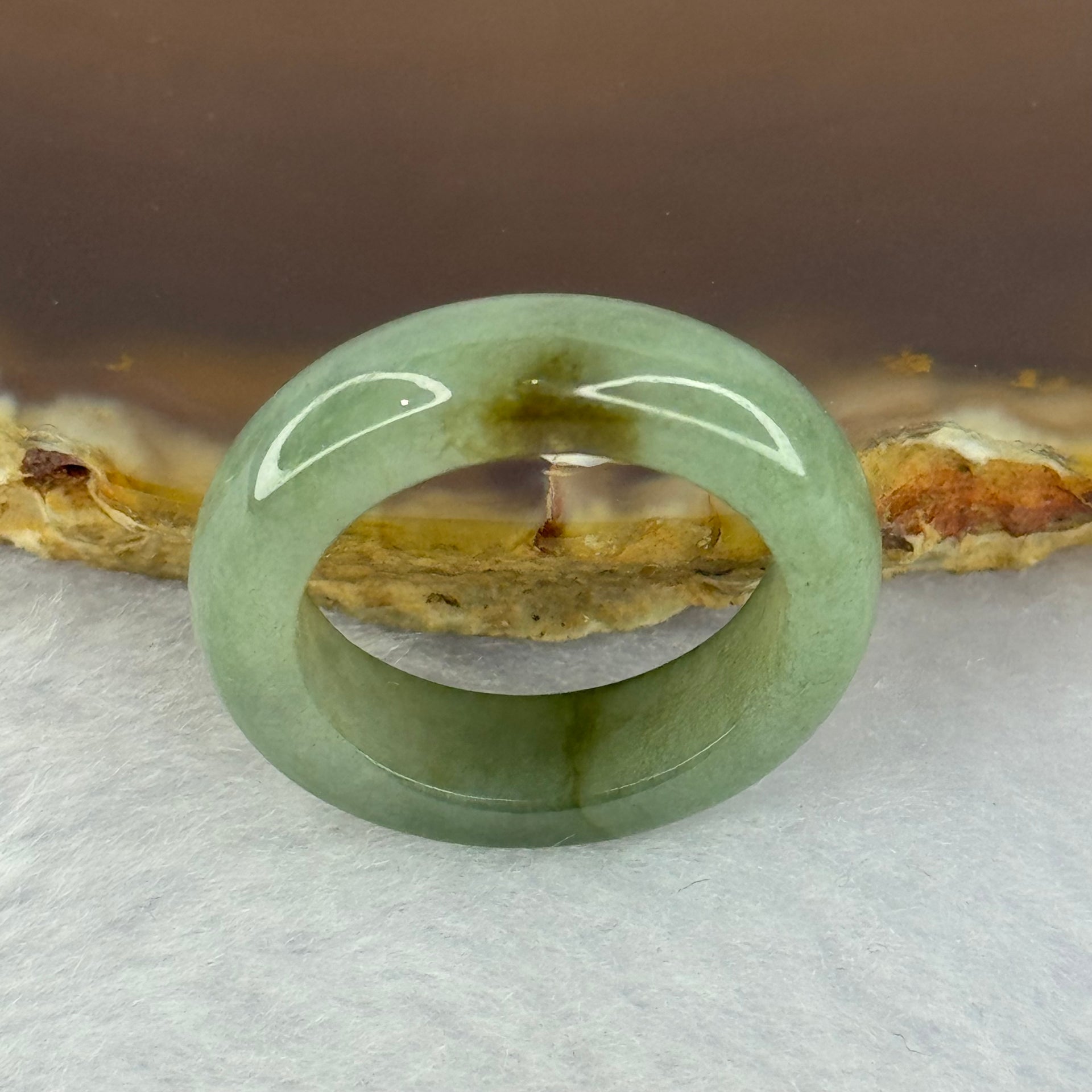 Type A Medium Green with Brown Patches Jadeite Ring 4.24g 6.2 by 3.8mm US7.25 HK16 - Huangs Jadeite and Jewelry Pte Ltd