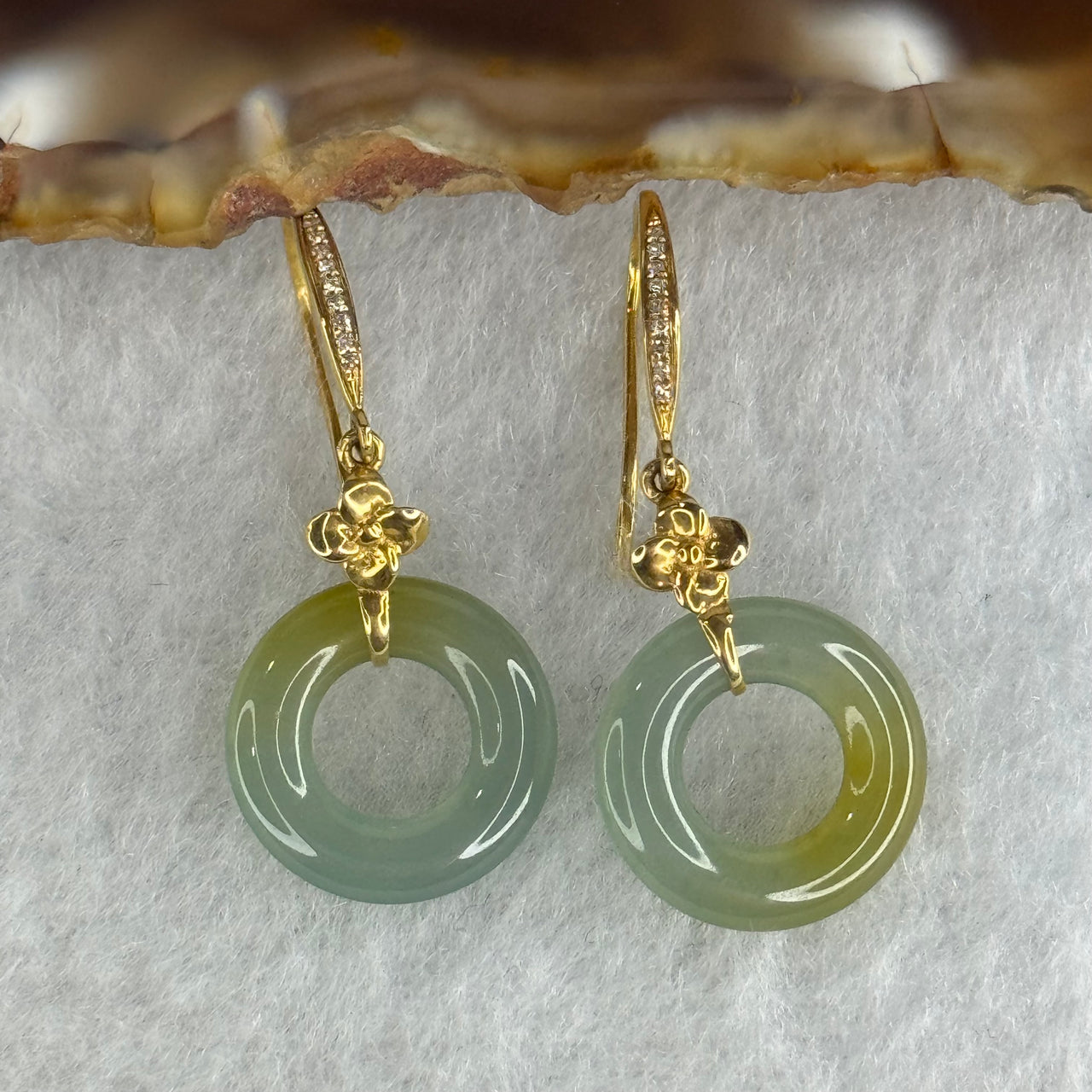 Type A Icy Blueish Green with Yellow Ping An Kou Jade Jadeite Earrings 18k Yellow Gold 2.12g 30.8 by 12.6 by 2.6mm - Huangs Jadeite and Jewelry Pte Ltd