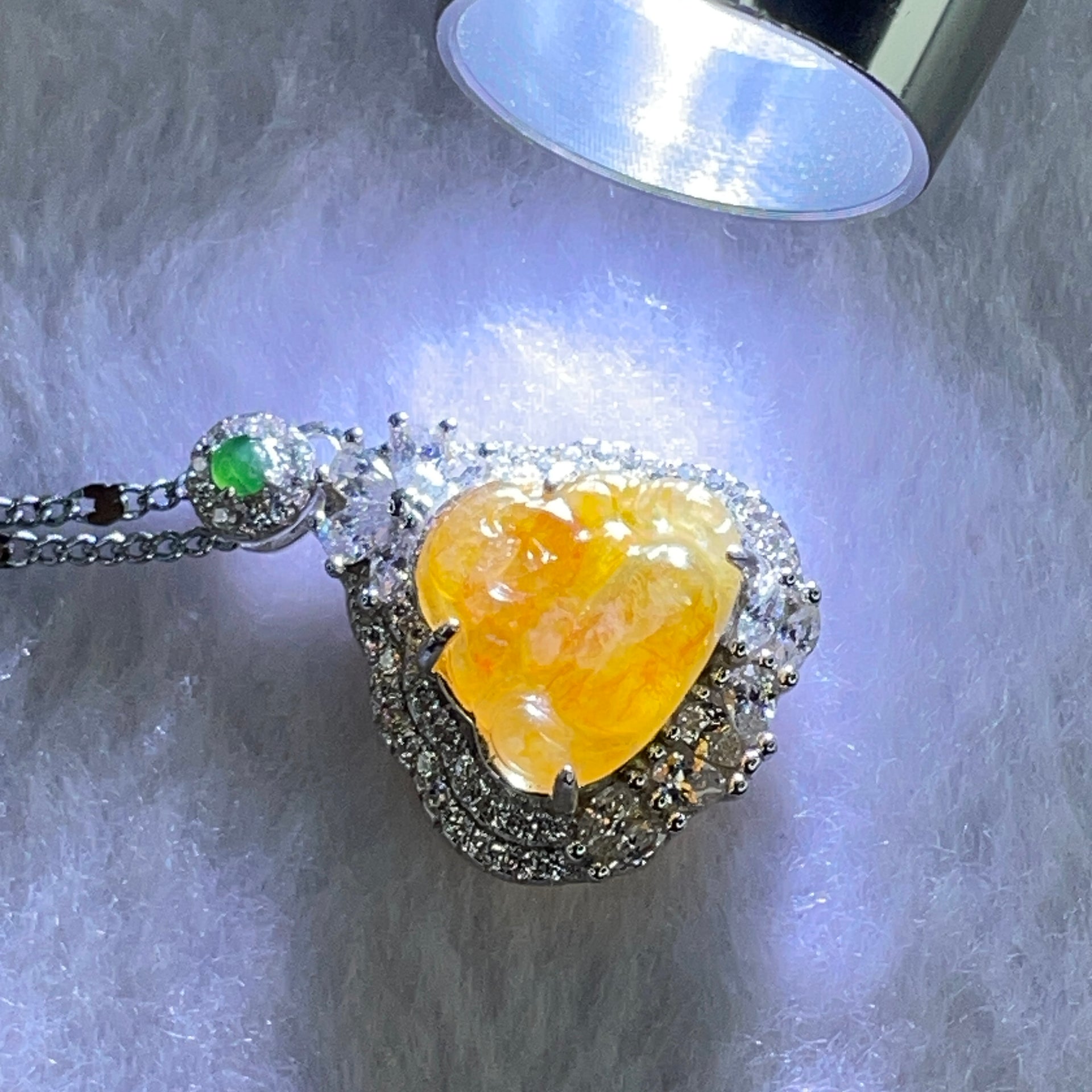 Type A Yellow Jadeite Milo Buddha 11.9 by 12.6 by 3.5mm Pendent with Crystals in S925 Sliver Necklace 5.41g - Huangs Jadeite and Jewelry Pte Ltd