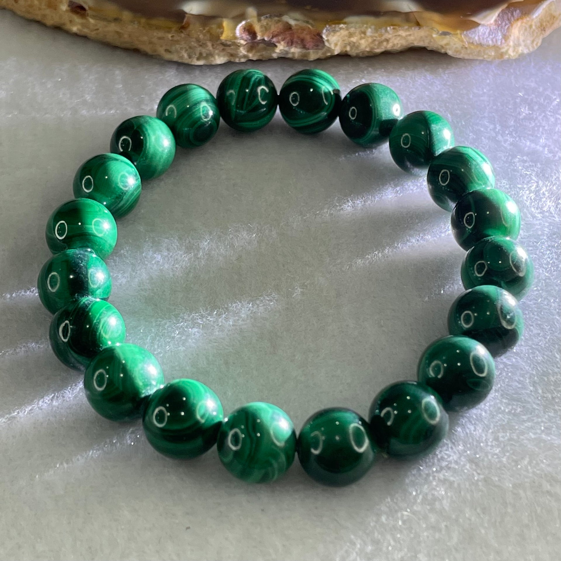 Very Good Grade Natural Green Malachite Beads Bracelet 天然孔雀石手链 35.07g 15.5cm 9.6mm 20 Beads - Huangs Jadeite and Jewelry Pte Ltd