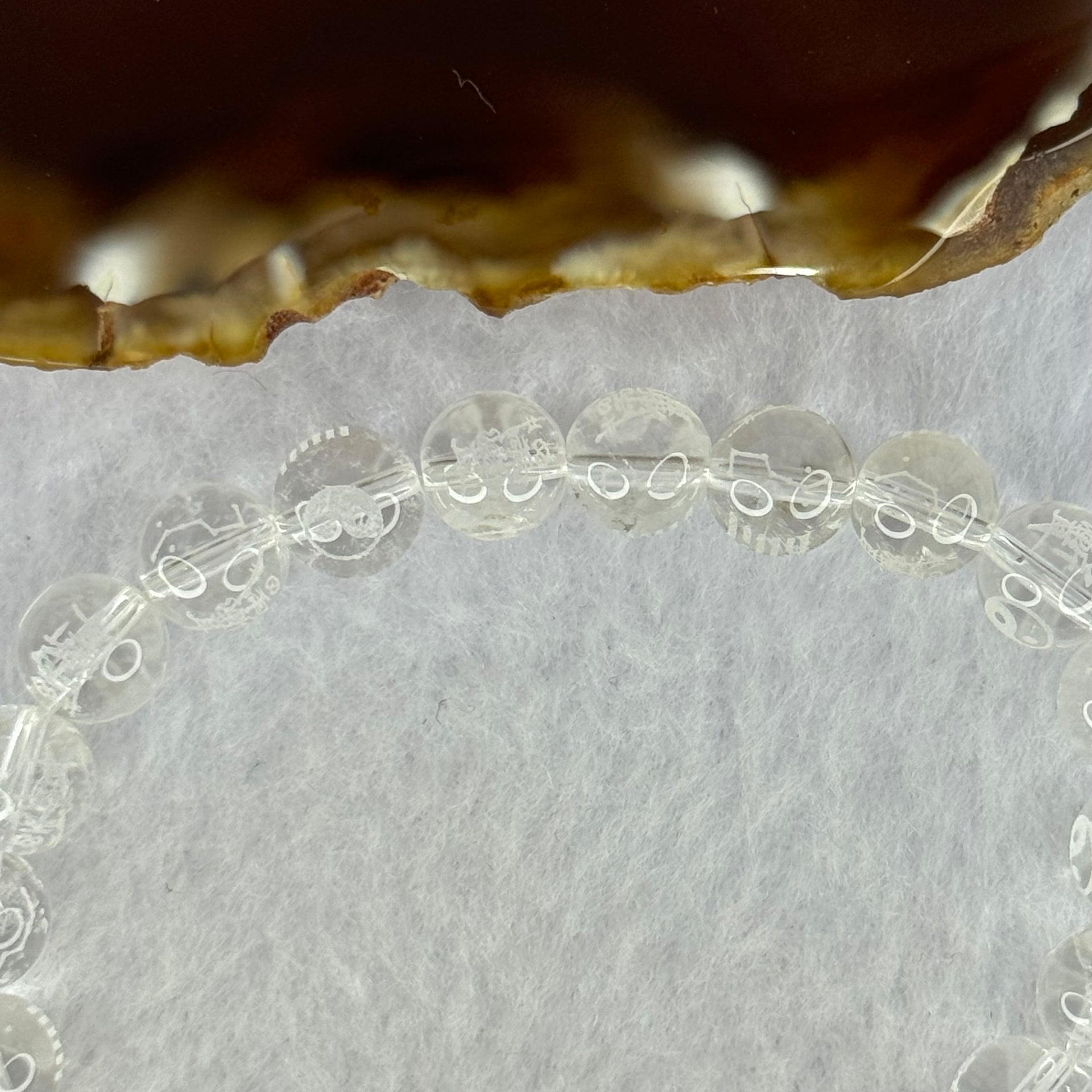 Natural Clear Quartz Beads with Inscription Bracelet 17.93 15.5cm 8.4mm 23 Beads - Huangs Jadeite and Jewelry Pte Ltd