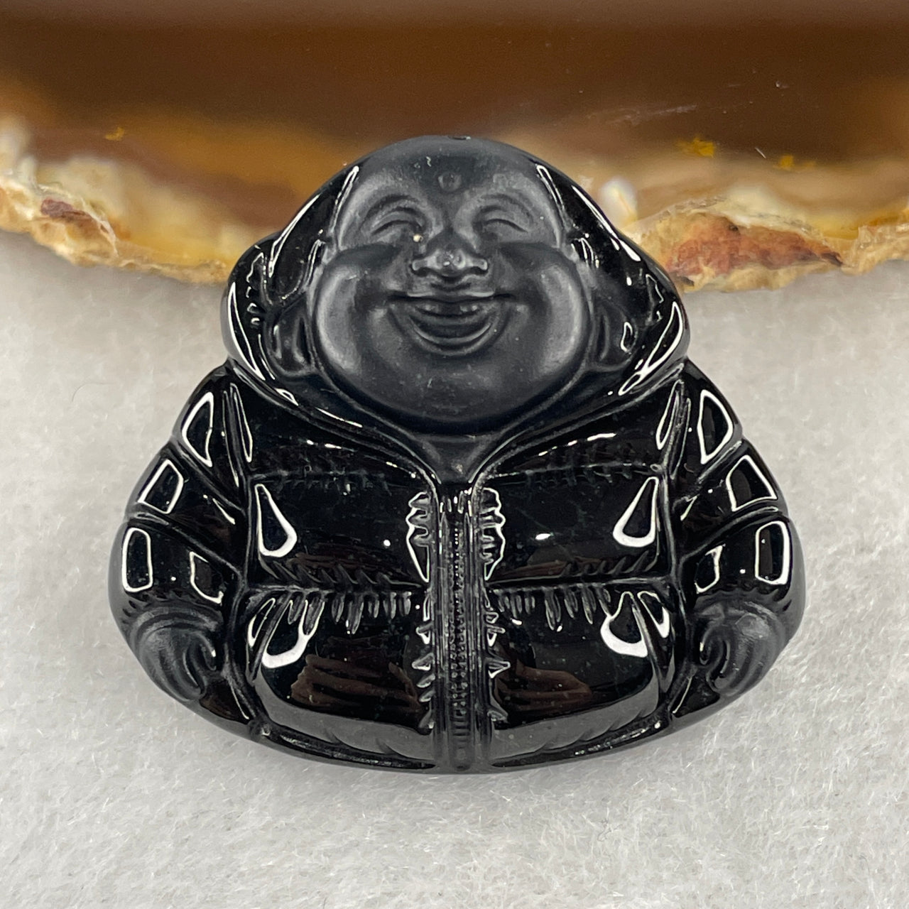 Symbol of Luck, Wealth and Happiness - Certified Natural Type A Black Jadeite Milo Laughing Buddha Pendant with Jacket 16.88g 30.0 by 32.5 by 9.5mm