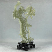 Natural Green Serpentine Fairy with Butterfly with Wooden Stand Display 336.9g 132.0 by 201.0 by 68.0mm - Huangs Jadeite and Jewelry Pte Ltd
