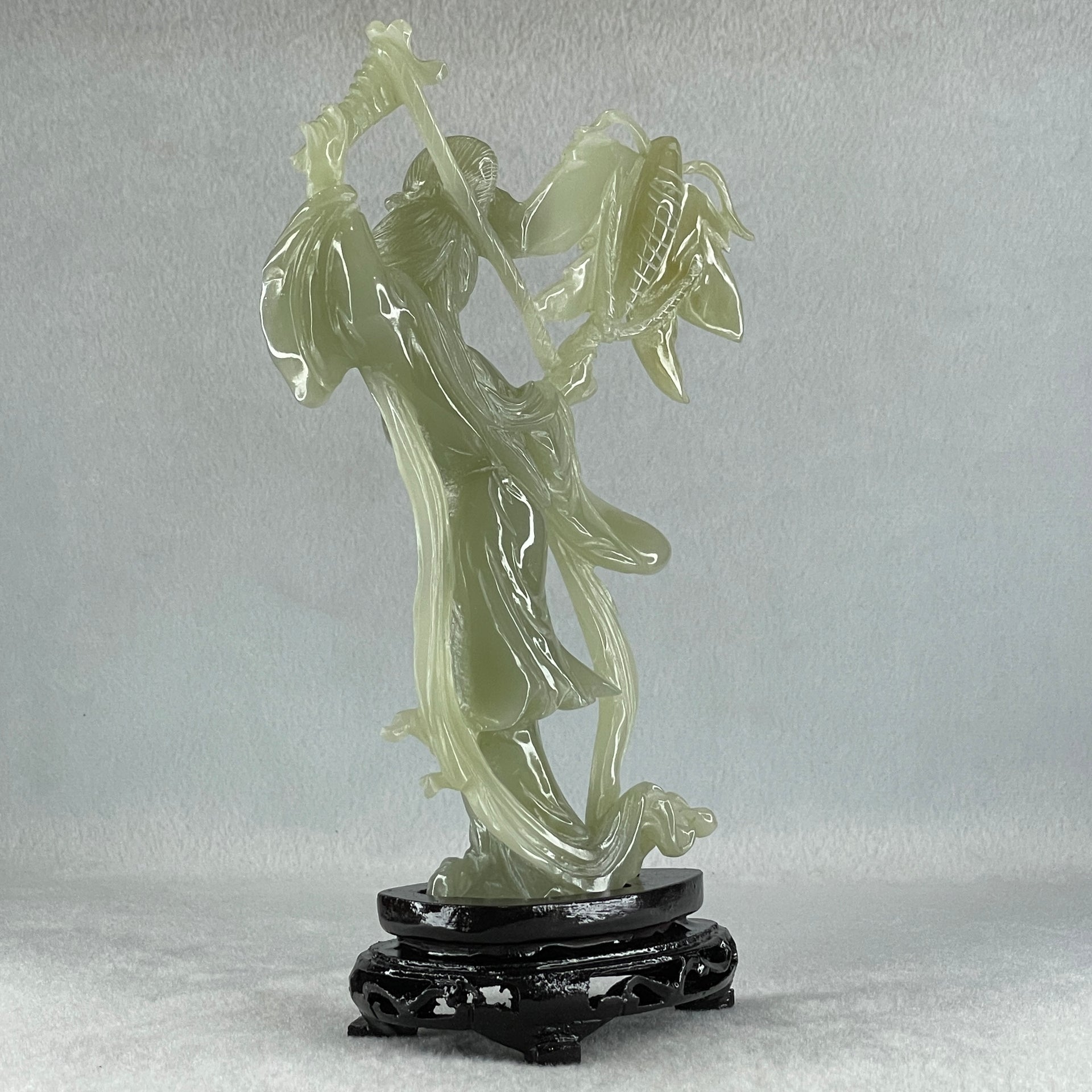 Natural Green Serpentine Fairy with Butterfly with Wooden Stand Display 336.9g 132.0 by 201.0 by 68.0mm - Huangs Jadeite and Jewelry Pte Ltd