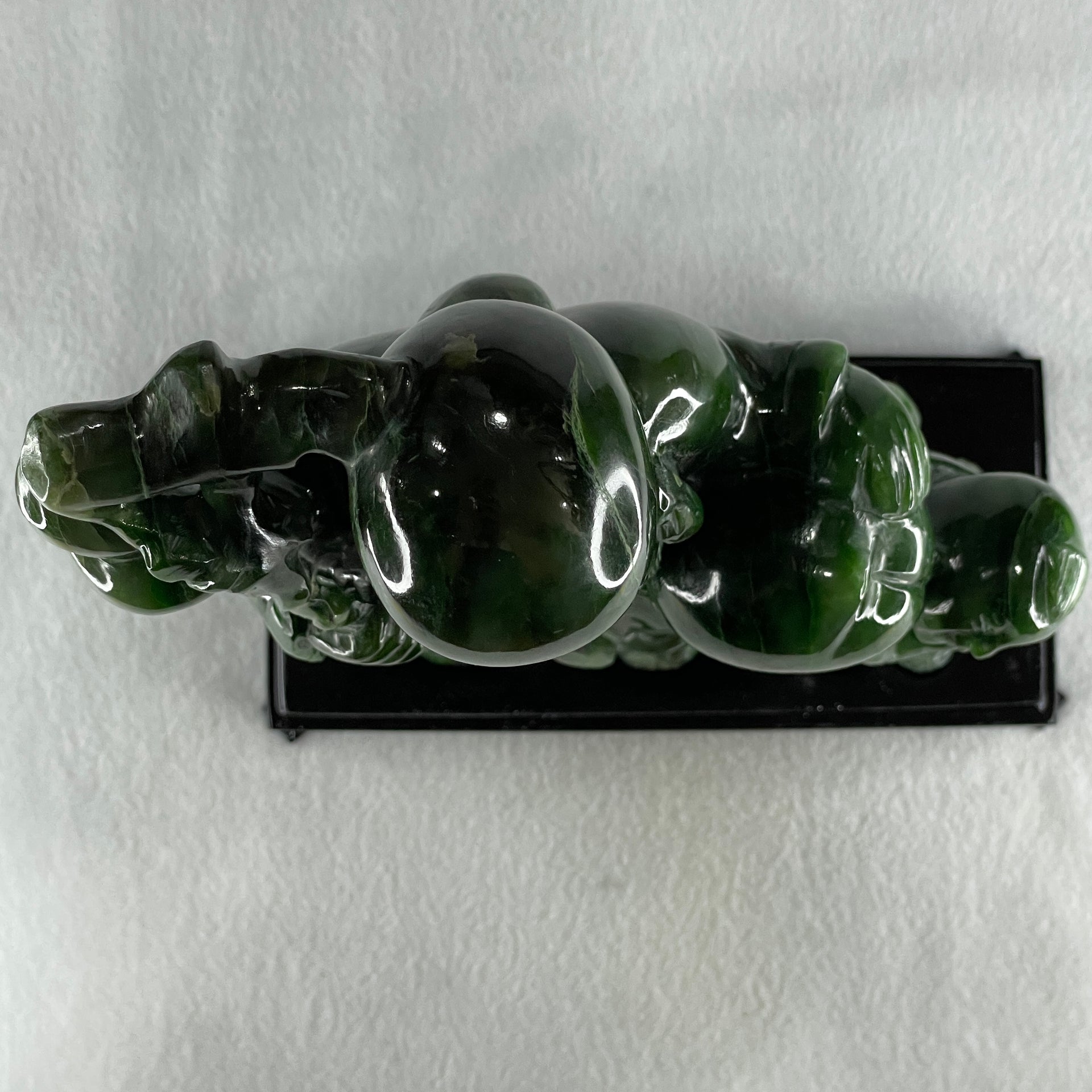 Natural Dark Green Serpentine Shou Xing Gong and Tong Zi and Longevity Peach with Wooden Stand Display 3,091.3g 193.0 by 95.0 by 257.0mm - Huangs Jadeite and Jewelry Pte Ltd