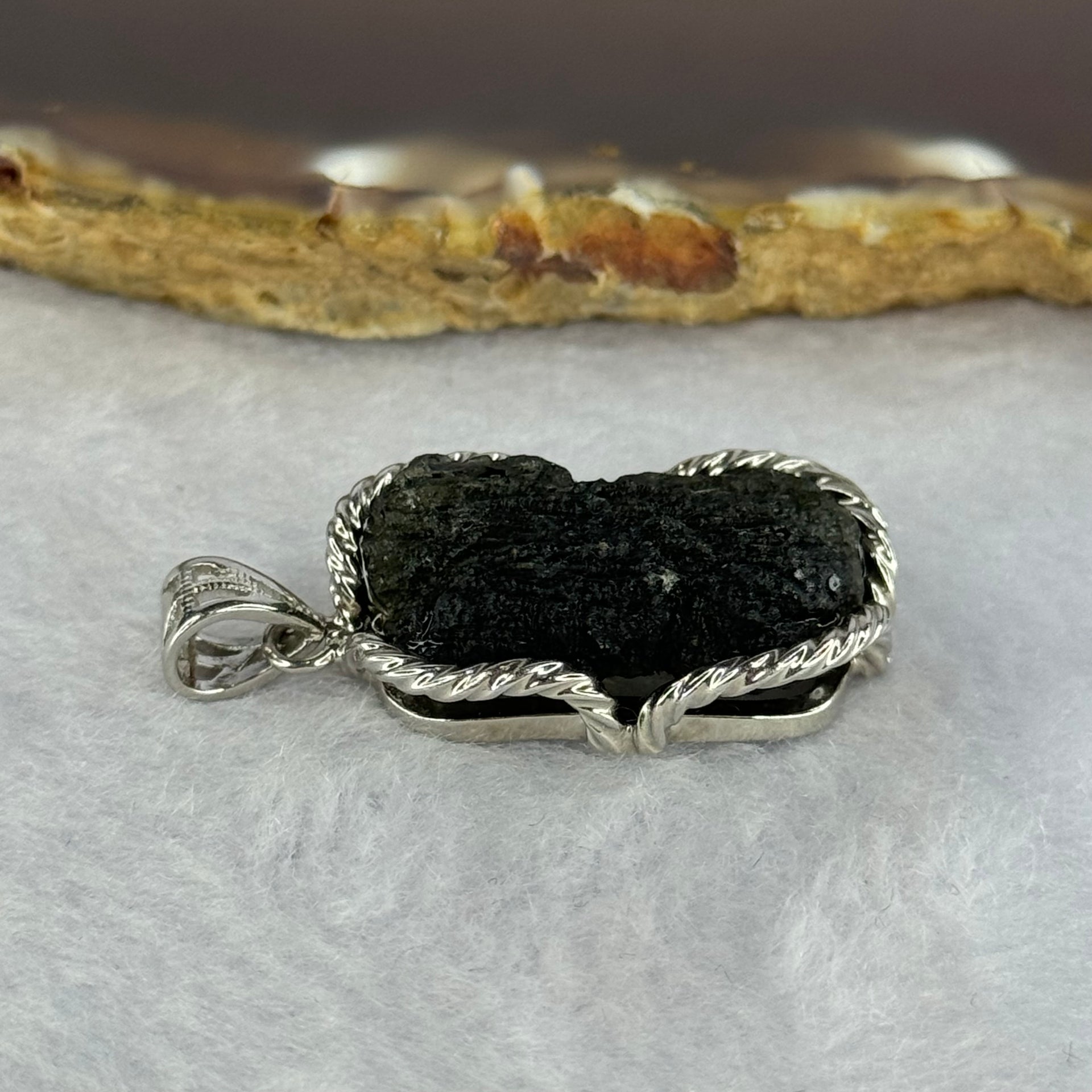 Natural Czech Republic Moldavite Meteorite Crystal in S925 Sliver Pendent 天然捷克陨石925银牌 8.05g 24.2 by 13.2 by 9.7mm - Huangs Jadeite and Jewelry Pte Ltd