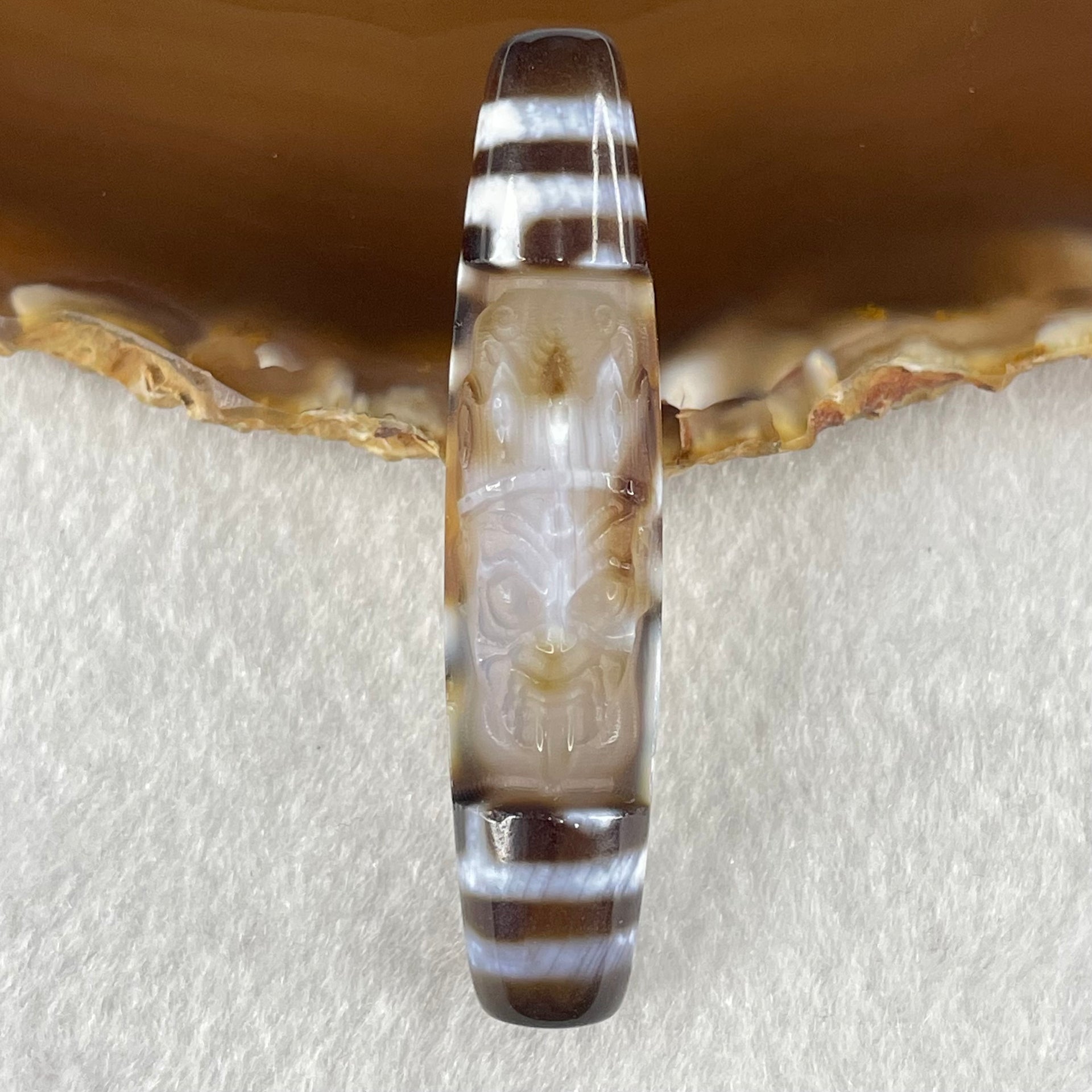 Natural Powerful Tibetan Old Oily Agate Zha Ji La Mu Female Cai Shen Carvings on 9 Eyes Dzi Bead Heavenly Master (Tian Zhu) 九眼扎基拉姆女财神天珠 14.46g 58.4 by 13.0mm - Huangs Jadeite and Jewelry Pte Ltd