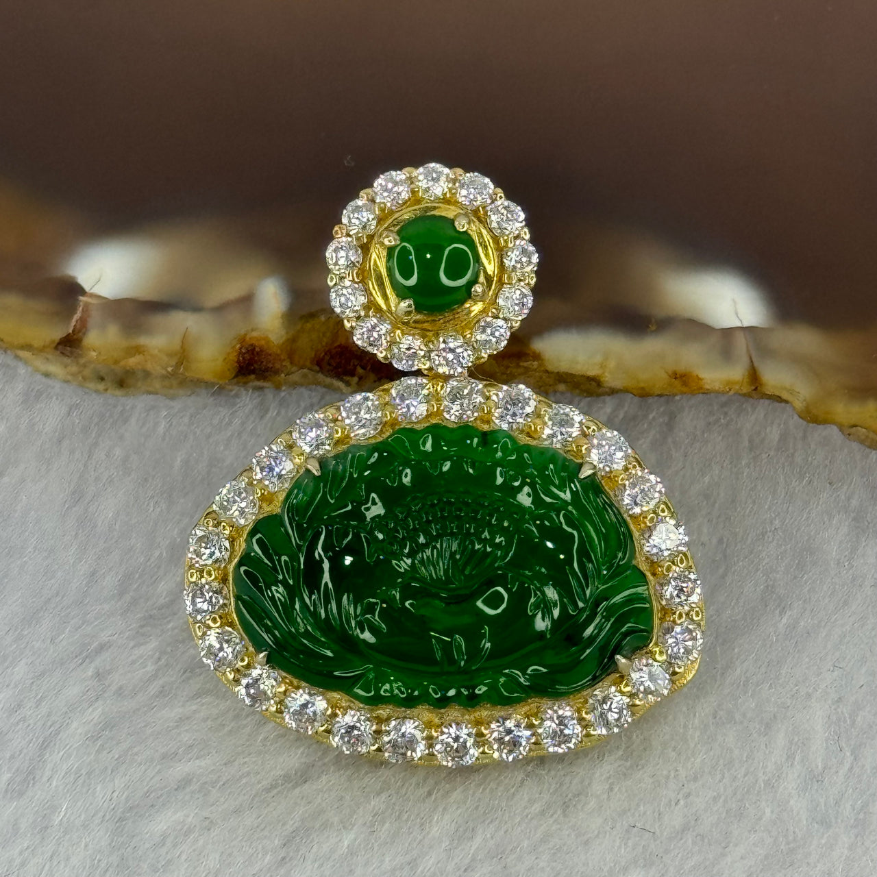 Type A Icy Bright Green Omphasite Jadeite Prosperity Flower 14.7 by 21.8 by 2.5mm with Crystals in S925 Sliver Gold Color  Pendant 6.99g - Huangs Jadeite and Jewelry Pte Ltd