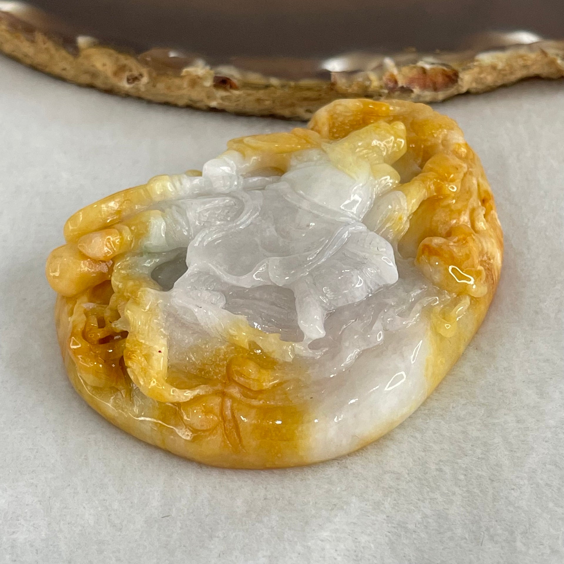 Type A Yellow with Faint Lavender Green Jadeite Guan Gong with Double Dragons 116.28g 75.0 by 54.0 by 16.8mm (Burned) - Huangs Jadeite and Jewelry Pte Ltd