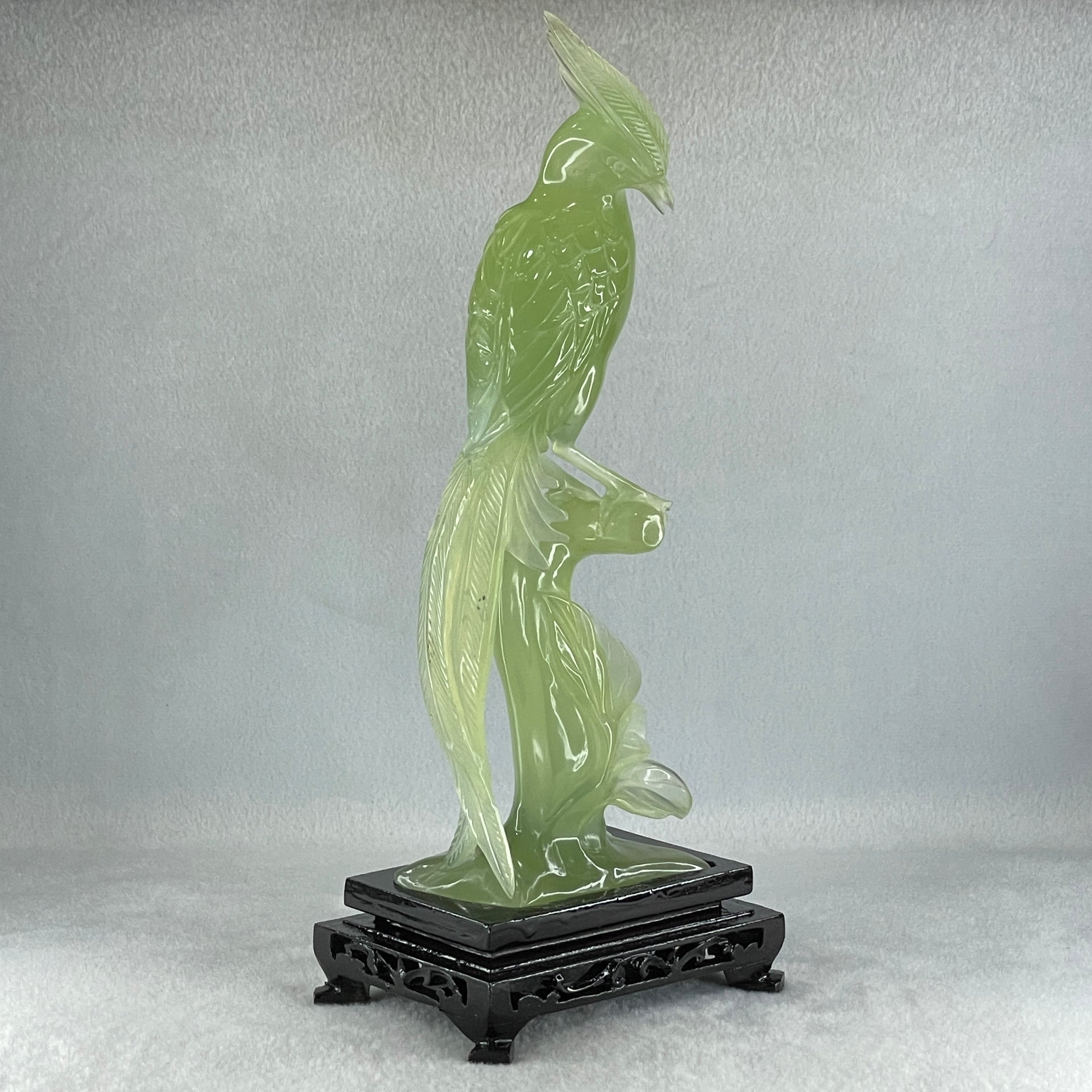 Natural Green Serpentine Phoenix on Tree with Wooden Stand Display 507.8g 114.0 by 265.0 by 84.0mm - Huangs Jadeite and Jewelry Pte Ltd