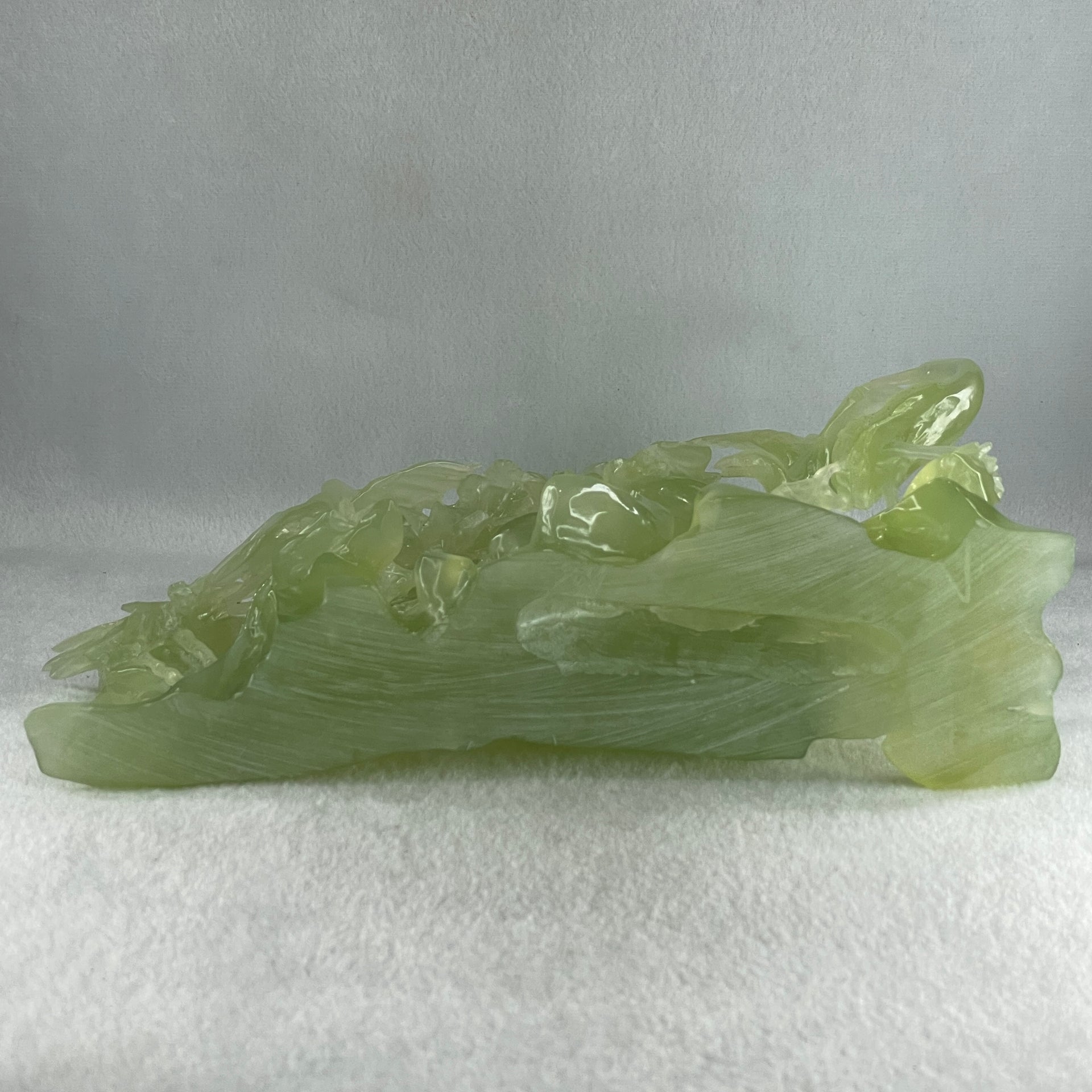 Natural Icy Green Serpentine 6 Cranes with Bamboo Shoots on Shan Shui with White Stone Stand Display 3,171.9g 270.0 by 102.0 by 236.0mm - Huangs Jadeite and Jewelry Pte Ltd