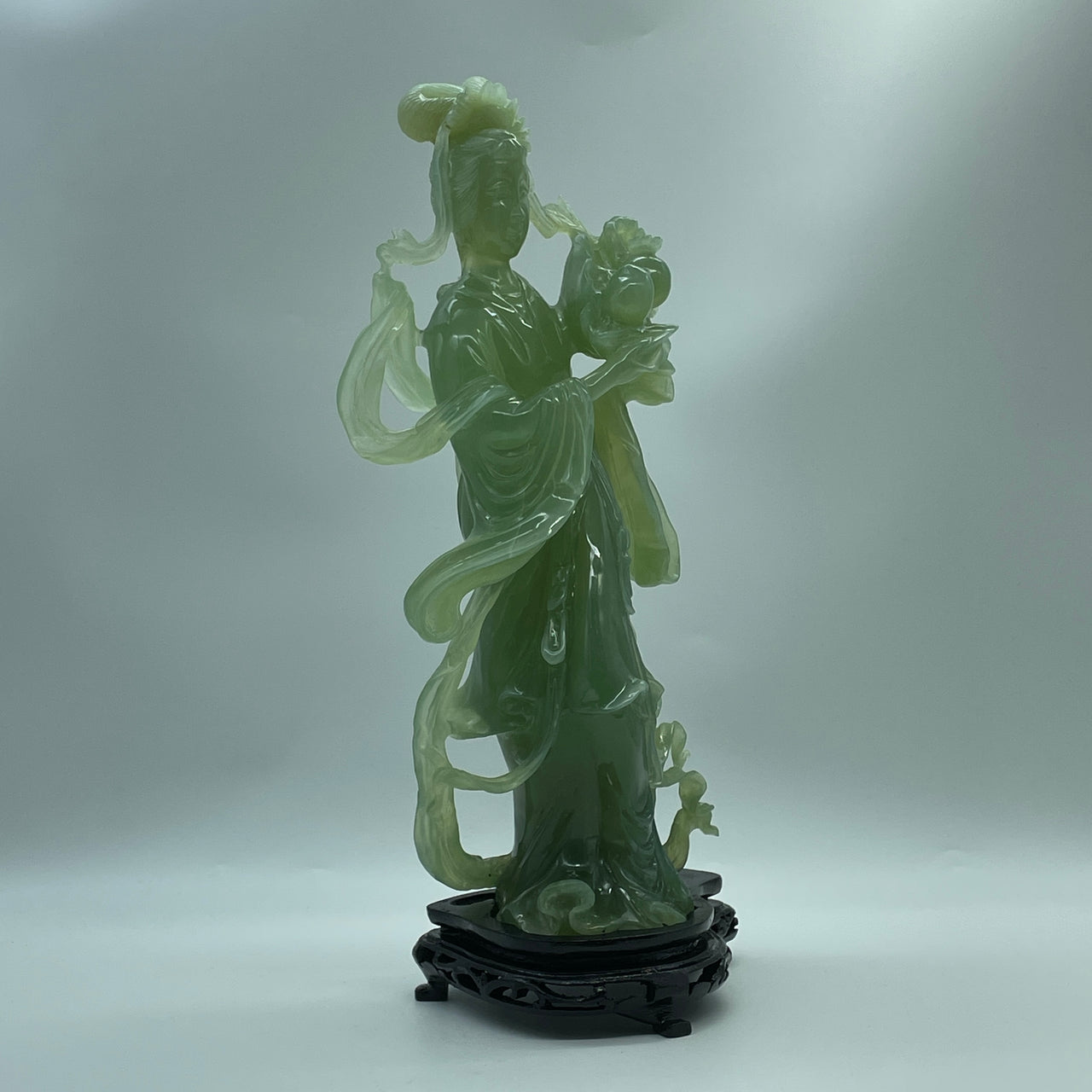 Natural Semi Icy Light Green Serpentine Fairy with Longevity Peach and Money Bag with Wooden Stand Display 1,907.8g 152.0 by 120.0 by 343.0mm