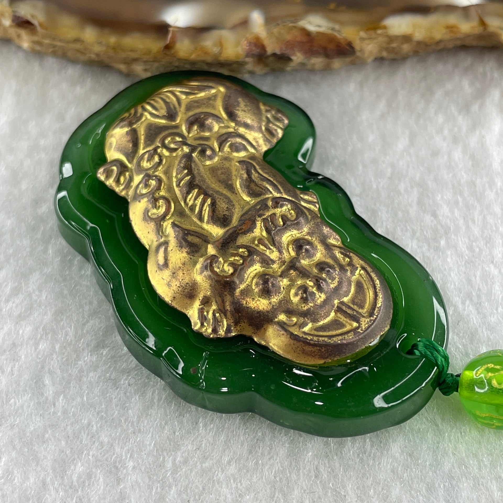 Man Made Brass Pixiu Green Color Beads Necklace 44.42g 64cm 50.3 by 31.6 by 11.5mm - Huangs Jadeite and Jewelry Pte Ltd