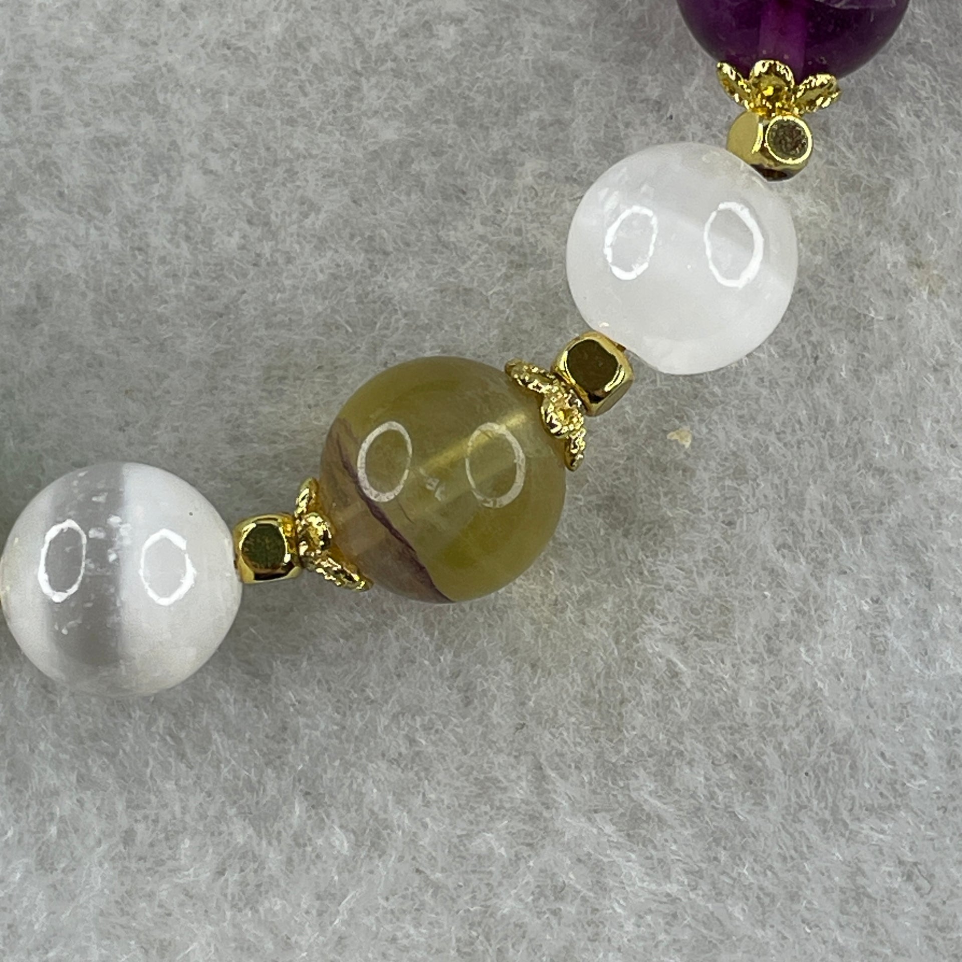 Natural Selenite with Yellow Green Grey Purple Fluorite Beads Bracelet 20.40g 11.0mm 8Beads 15cm - Huangs Jadeite and Jewelry Pte Ltd