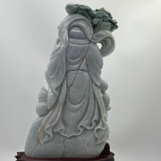 Type A Lavender, Green & Yellow Jade Jadeite Shou Xing Gong with Wooden Stand 财源滚滚 健康长寿 - 3.93kg Dimensions with Stand: 39 by 25 by 15cm Jade Dimensions: 27 by 15 by 7cm - Huangs Jadeite and Jewelry Pte Ltd