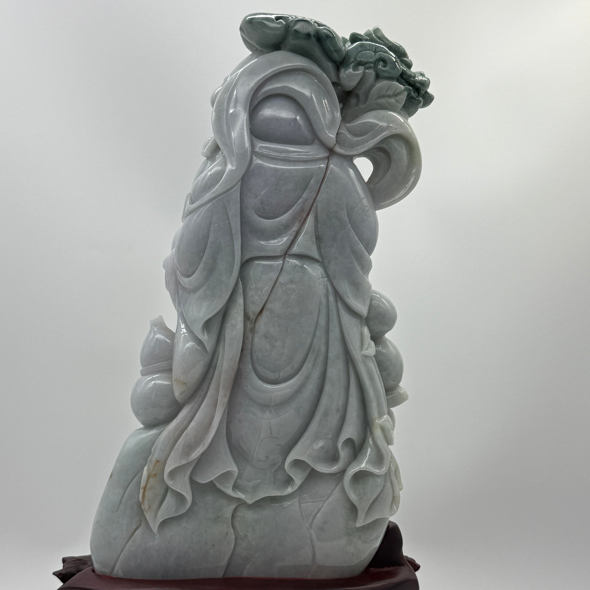 Type A Lavender, Green & Yellow Jade Jadeite Shou Xing Gong with Wooden Stand 财源滚滚 健康长寿 - 3.93kg Dimensions with Stand: 39 by 25 by 15cm Jade Dimensions: 27 by 15 by 7cm - Huangs Jadeite and Jewelry Pte Ltd