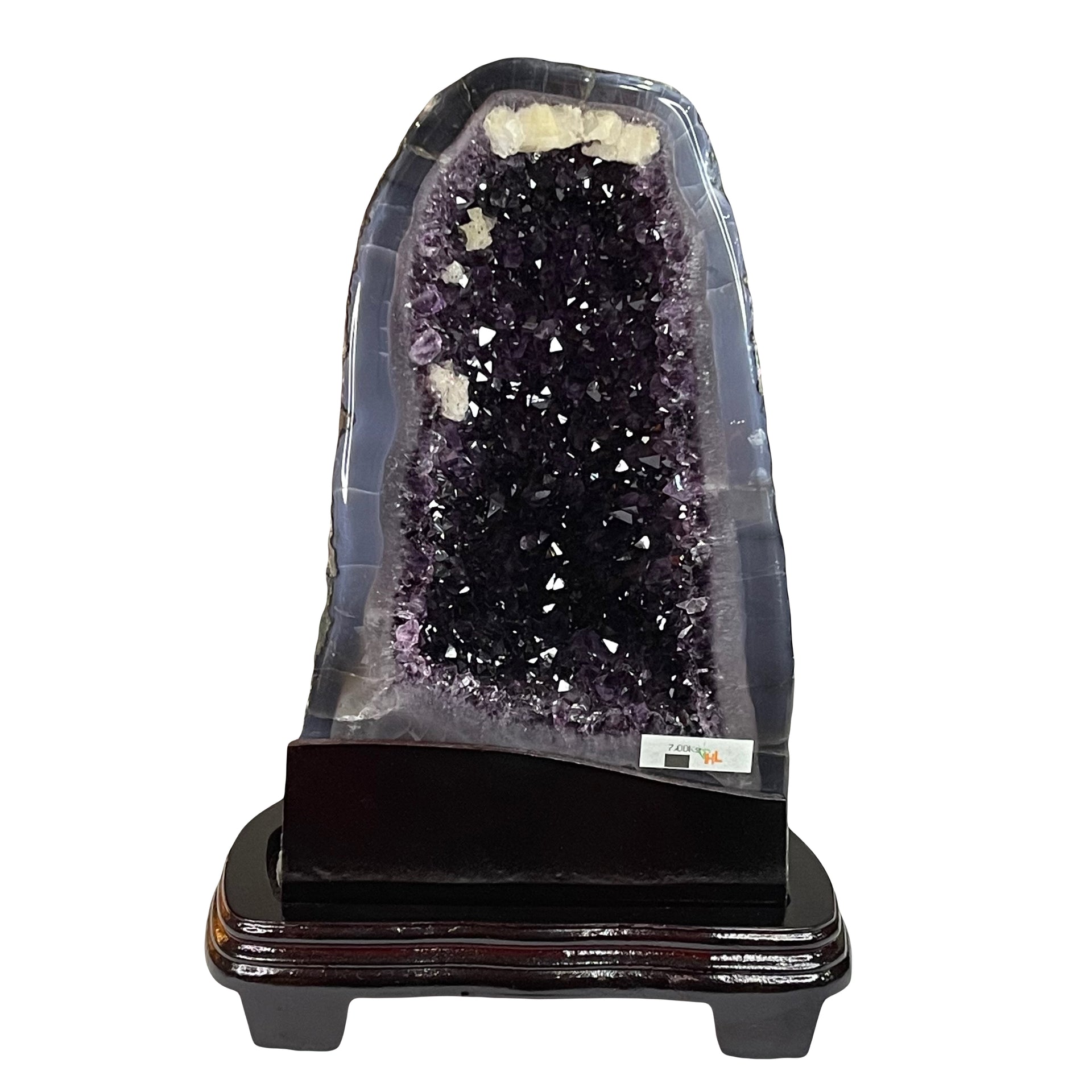 Natural Brazil Amethyst Cave with White Calcite 7.00kg with Wooden Stand 240.0 x 185.0 x 344.0mm - Huangs Jadeite and Jewelry Pte Ltd