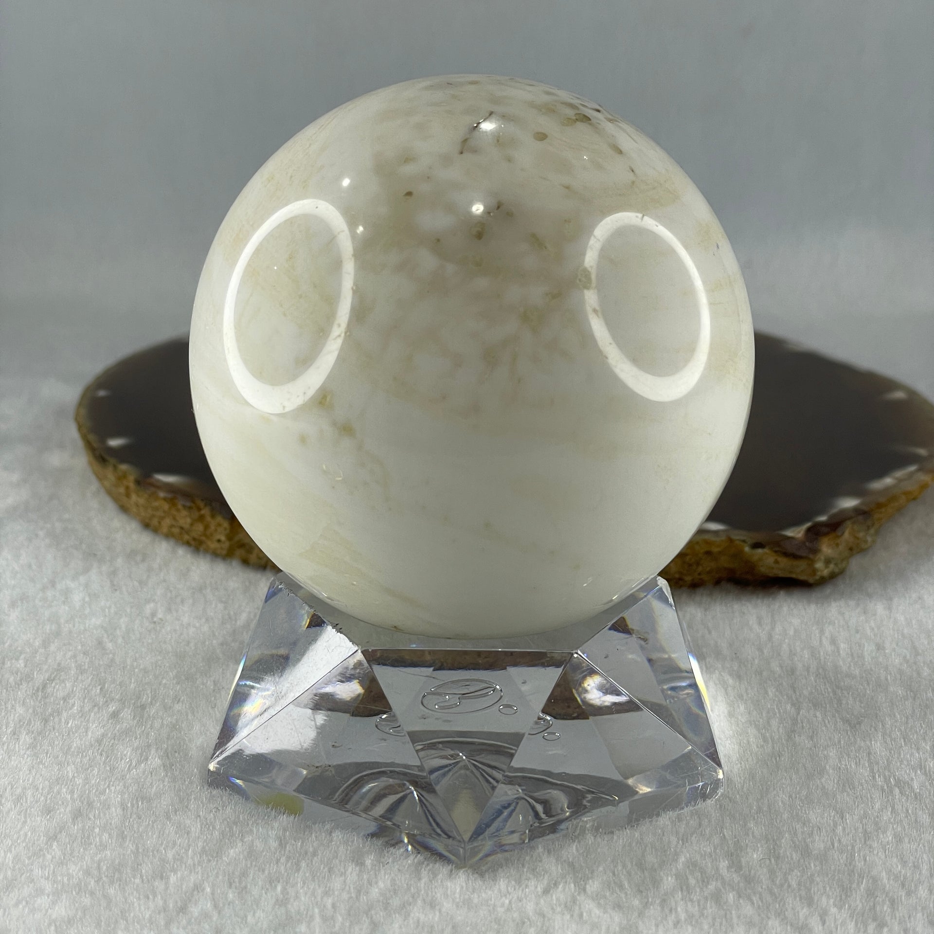 Natural White with Yellow Calcite Sphere Ball with Acrylic Display 578.5g 71.4 by 86.5mm - Huangs Jadeite and Jewelry Pte Ltd