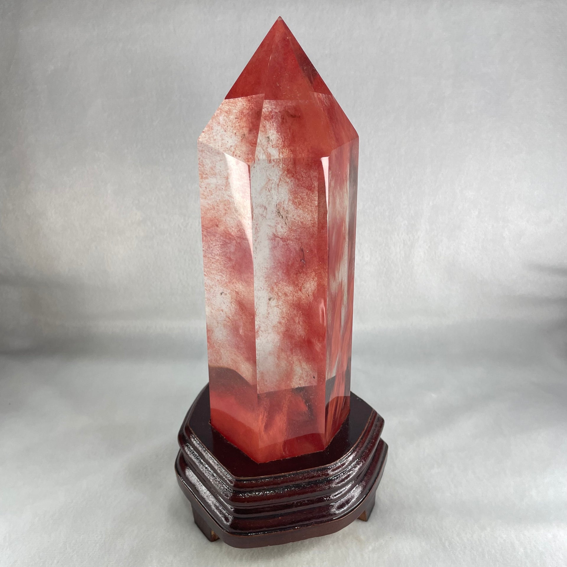 Cherry Quartz Tower with Wooden Stand Display 1733.9g 120.0 by 111.0 by 250.0mm - Huangs Jadeite and Jewelry Pte Ltd